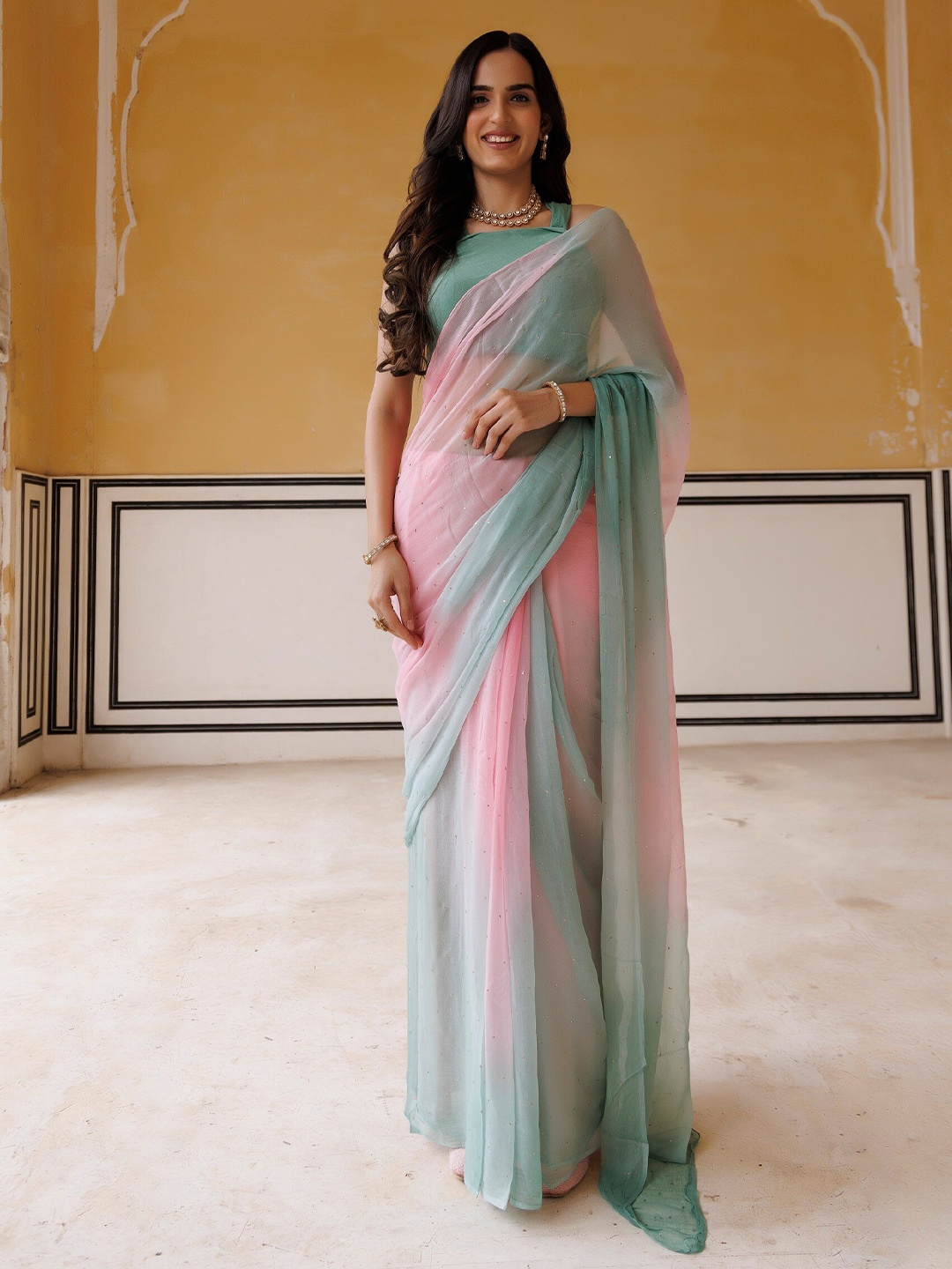 

Geroo Jaipur Ombre Dyed Mukaish Poly Chiffon Saree, Pink