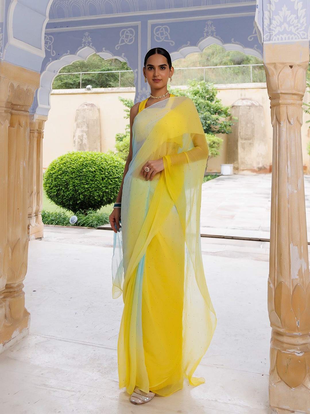 

Geroo Jaipur Ombre Dyed Mukaish Poly Chiffon Saree, Yellow