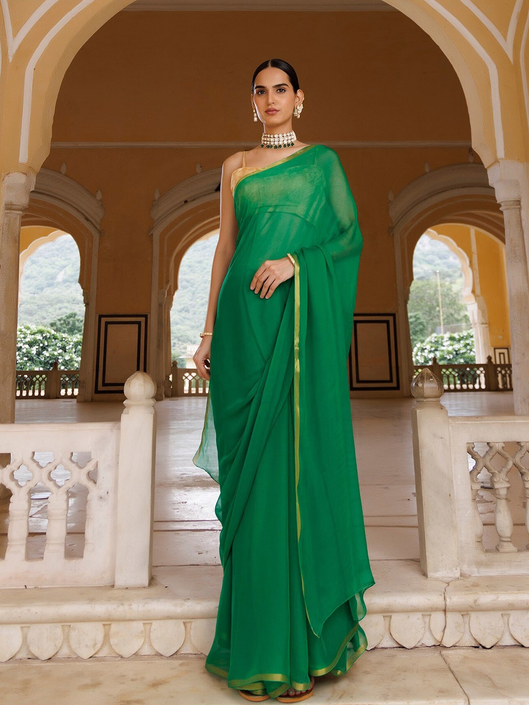 

Geroo Jaipur Zari Poly Chiffon Saree, Green