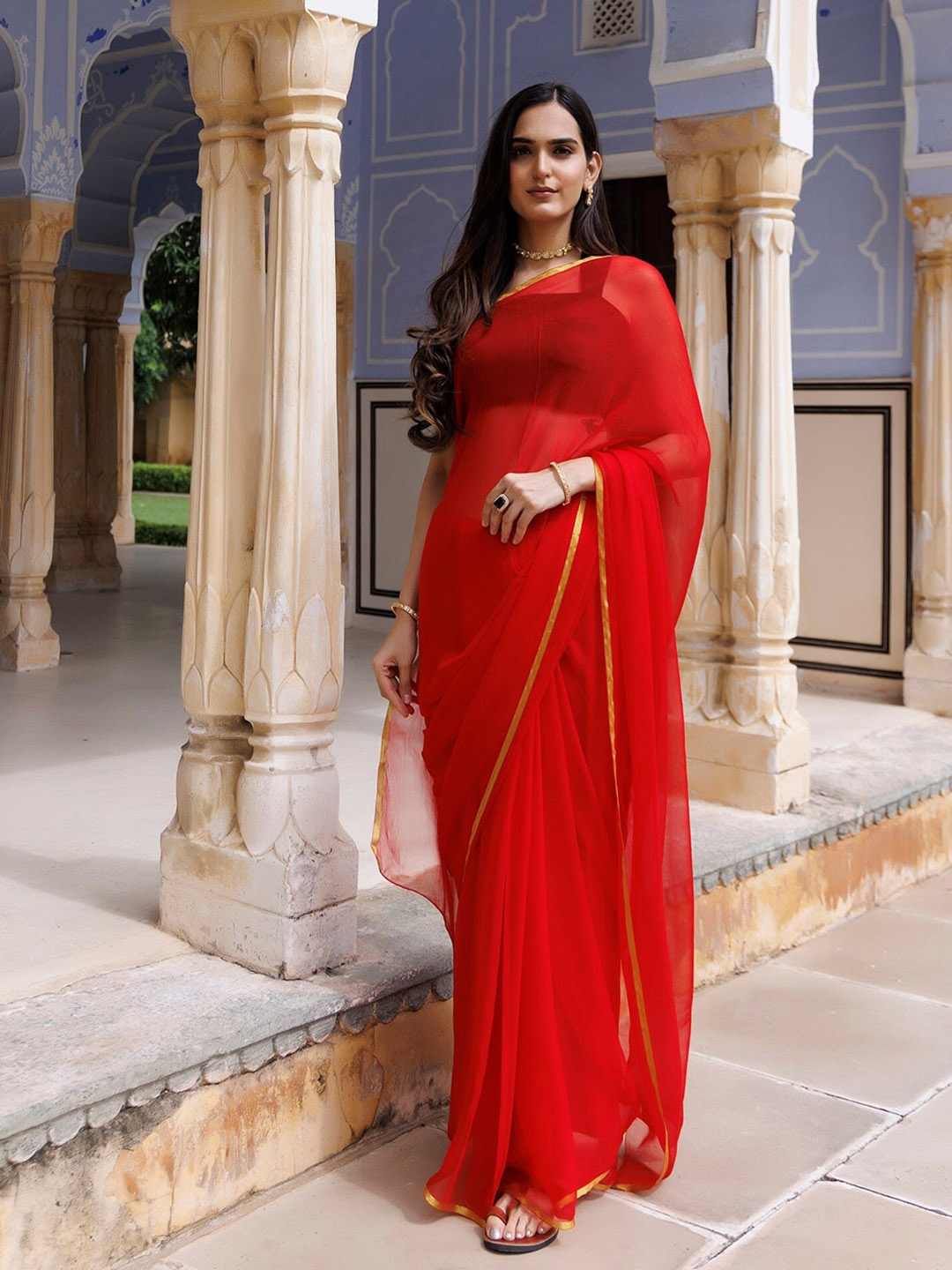 

Geroo Jaipur Zari Poly Chiffon Saree, Red