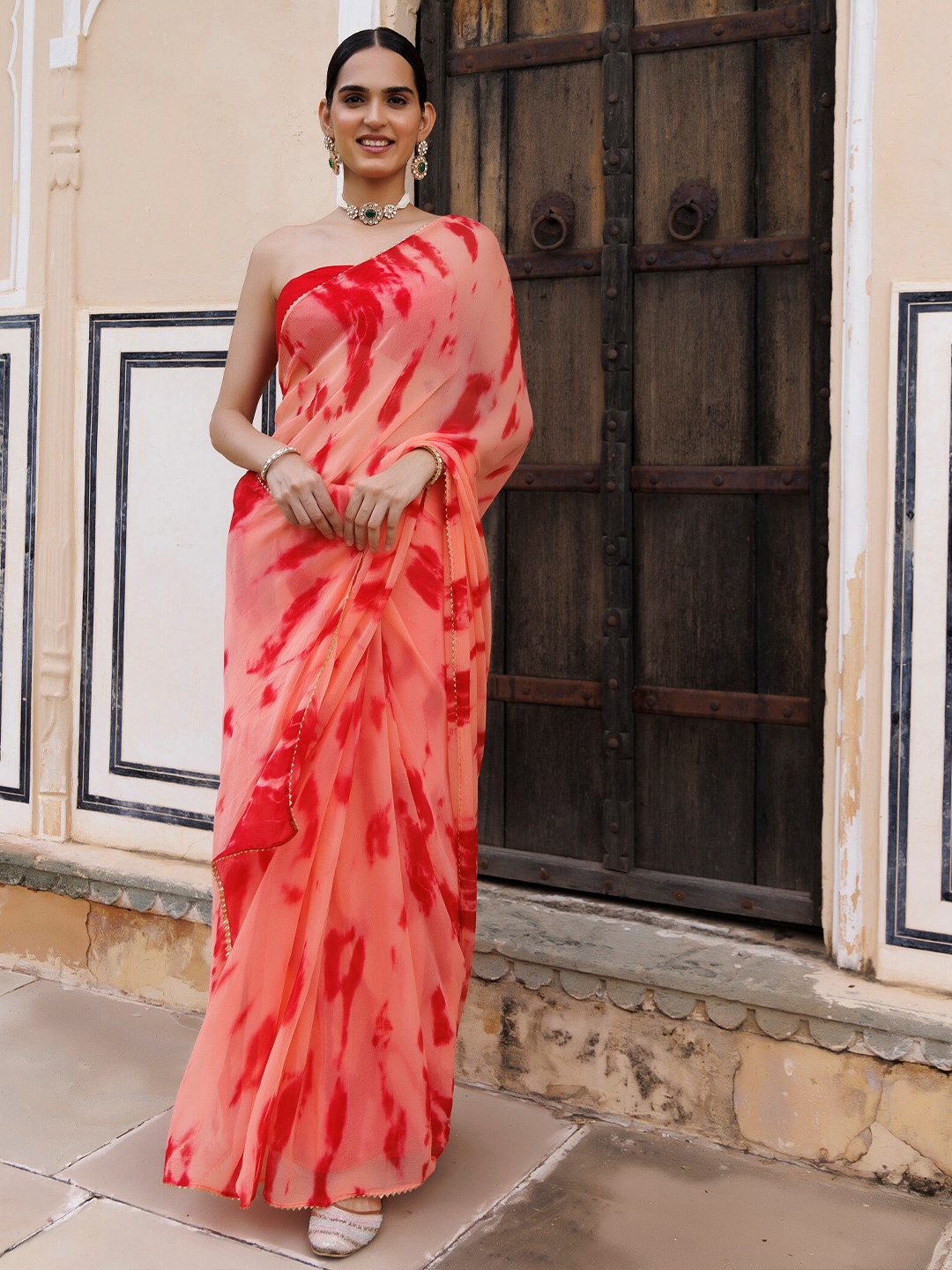 

Geroo Jaipur Tie and Dye Poly Chiffon Bandhani Saree, Peach
