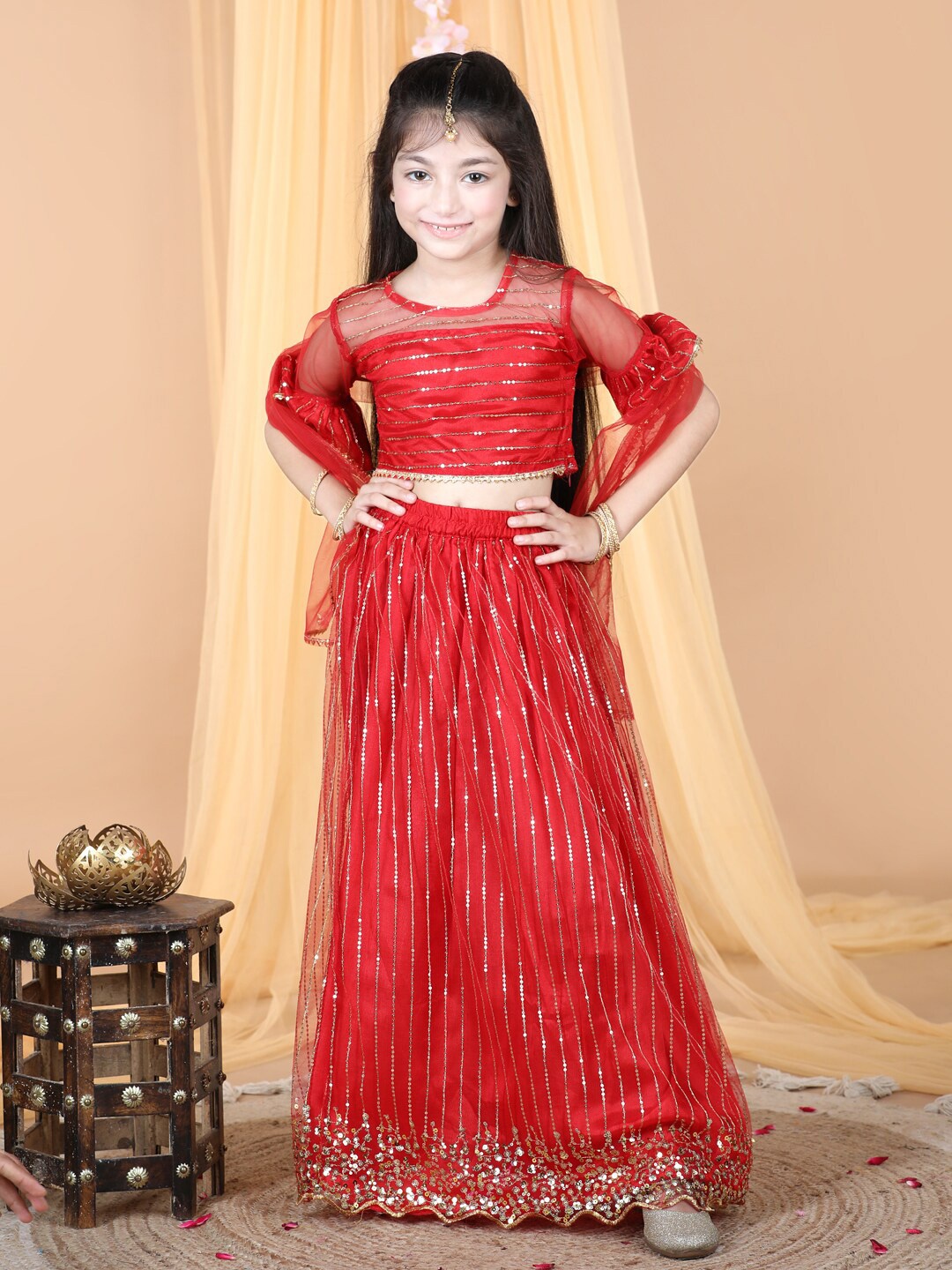 

Cutiekins Girls Embellished Sequinned Ready to Wear Lehenga & Blouse With Dupatta, Red