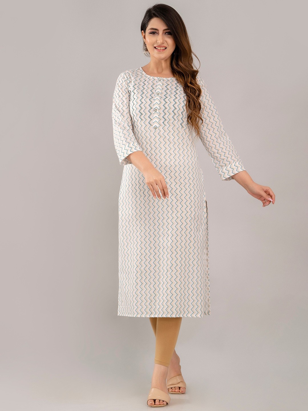 

SKY SHOPPIE Chevron Printed Cotton Straight Kurta, White