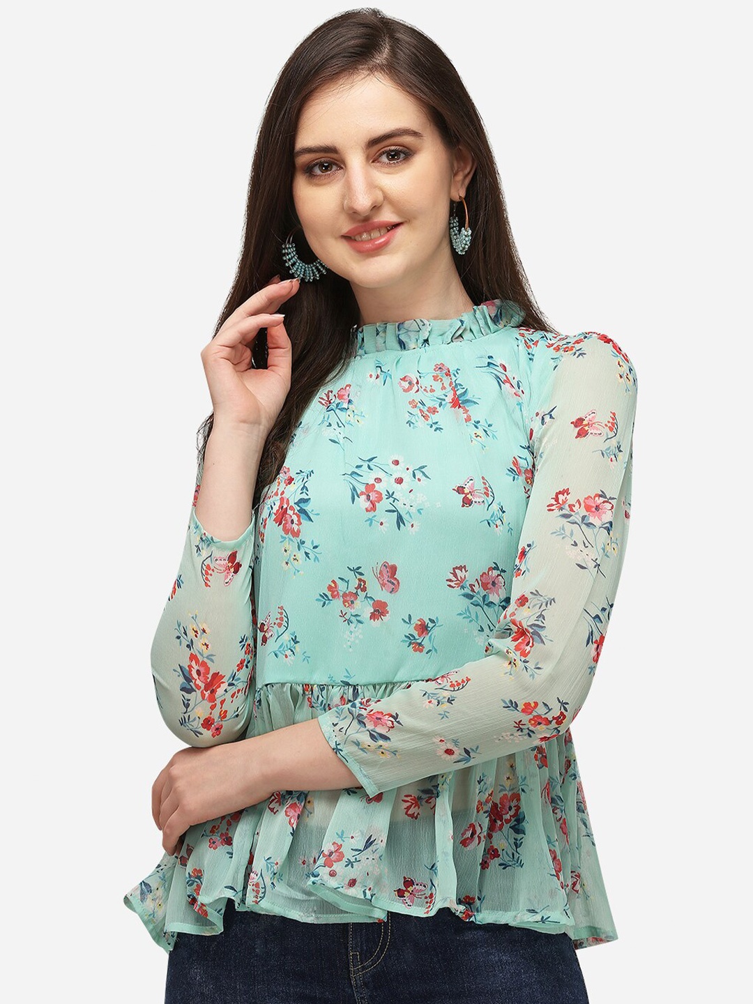 

WESTHOOD Floral Printed High-Neck Chiffon Peplum Top, Sea green