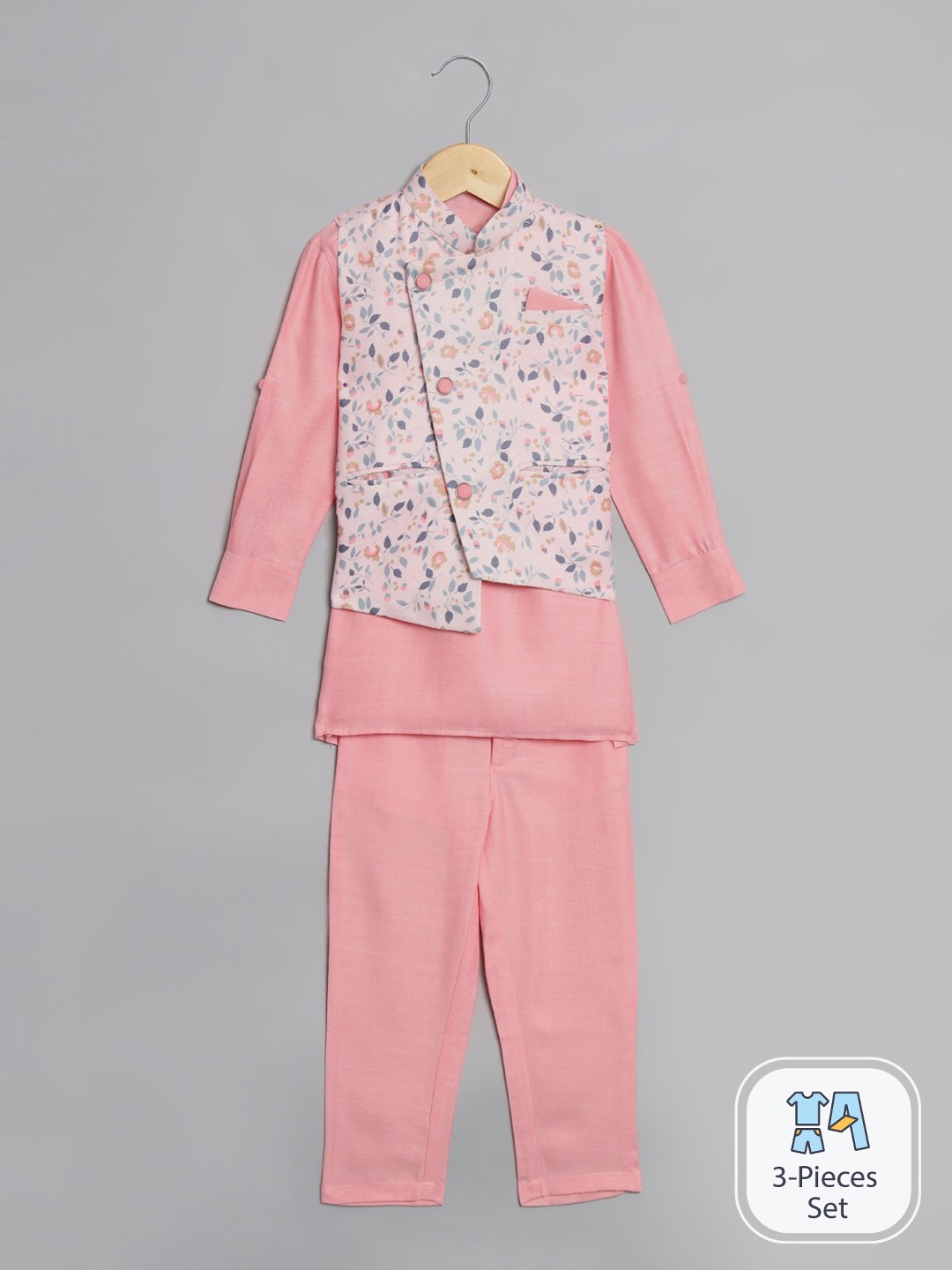 

Readiprint Boys Straight Kurta With Trousers & Nehru Jacket, Pink