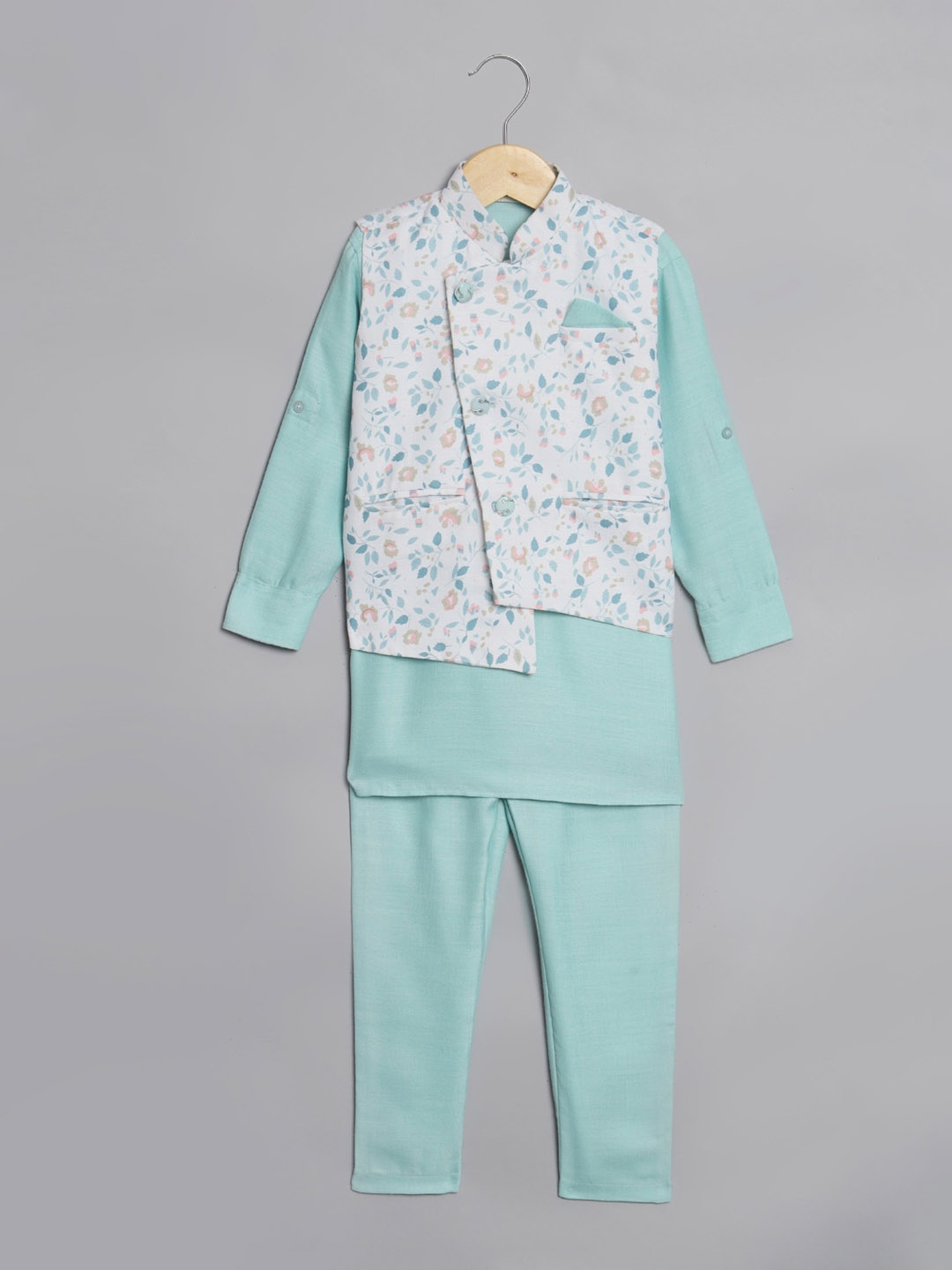 

Readiprint Fashions Boys Mandarin Collar Kurta With Trousers & Nehru Jacket, Blue