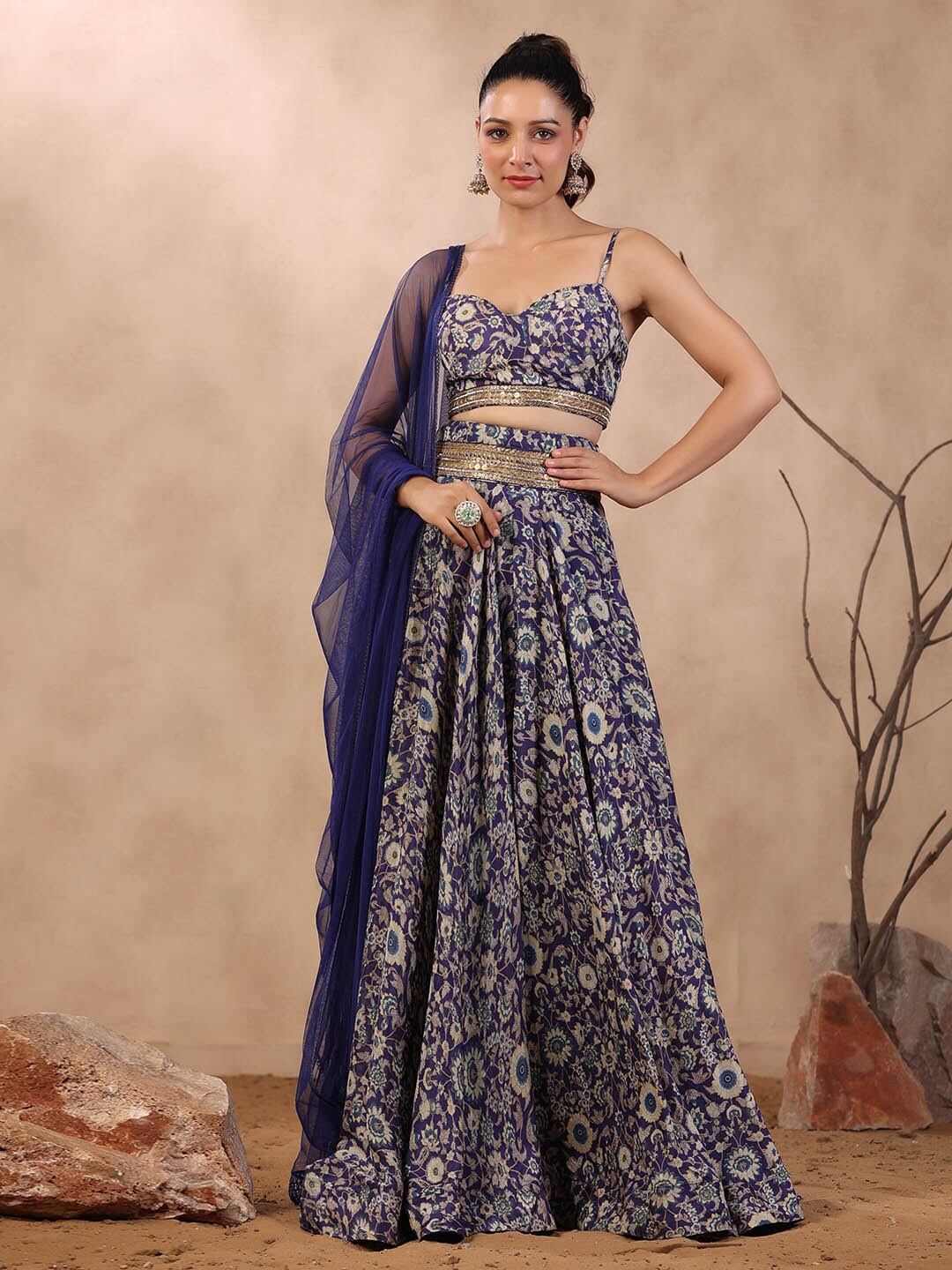 

Meena Bazaar Printed Ready To Wear Lehenga & Blouse With Dupatta, Blue