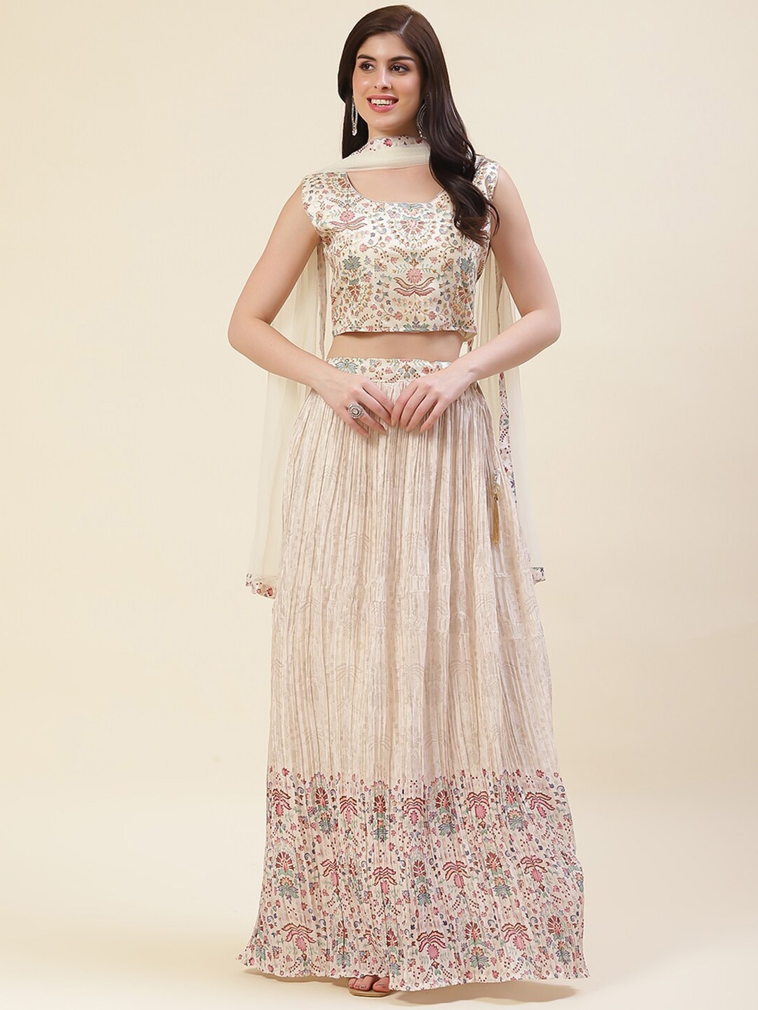 

Meena Bazaar Printed Ready To Wear Lehenga & Blouse With Dupatta, Cream