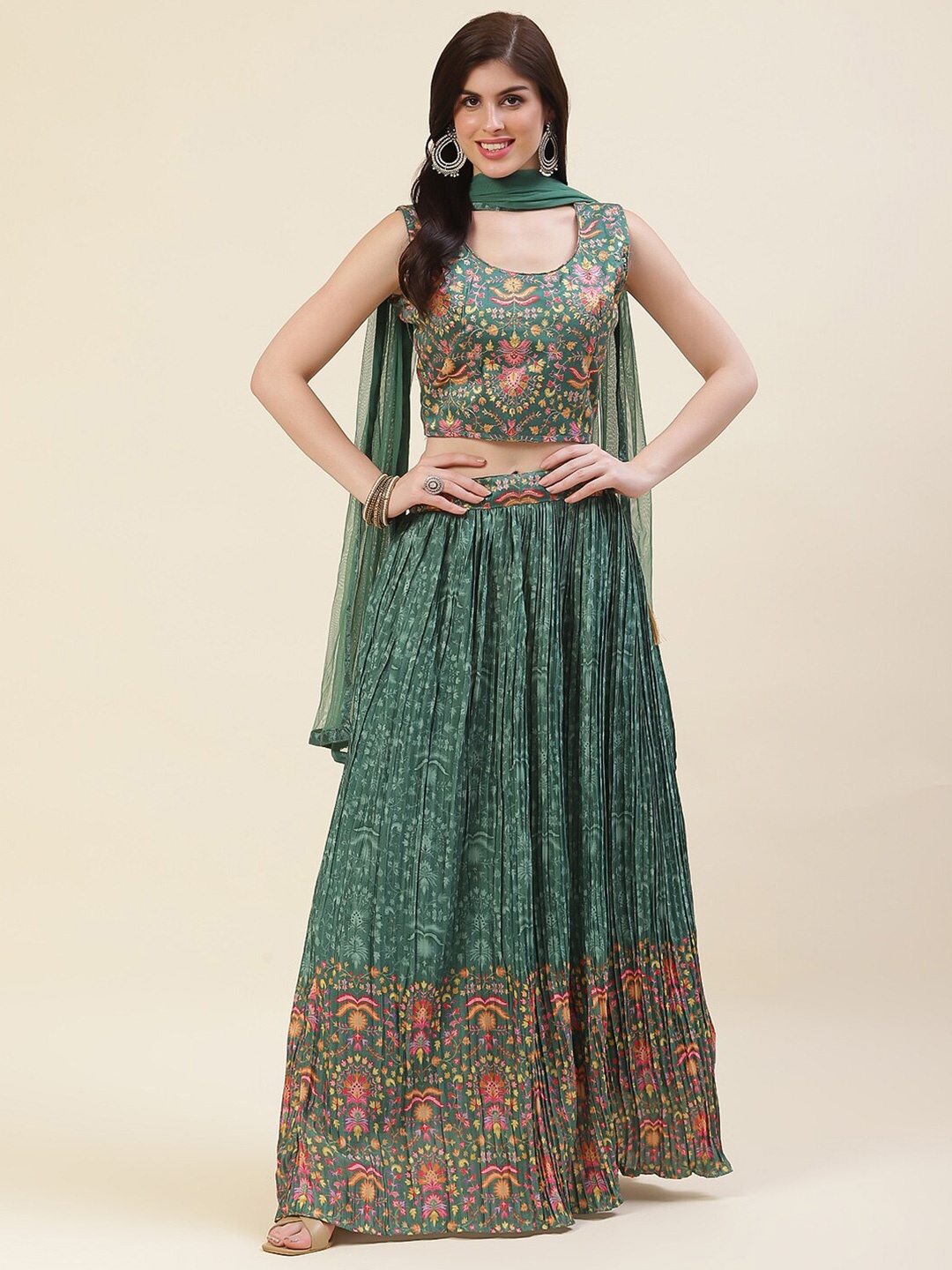 

Meena Bazaar Printed Ready To Wear Lehenga & Blouse With Dupatta, Green