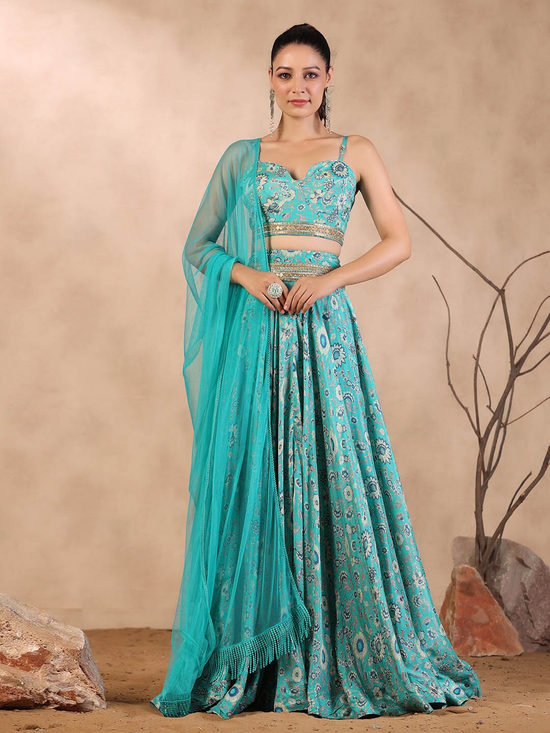 

Meena Bazaar Floral Printed Ready To Wear Lehenga & Blouse With Dupatta, Sea green