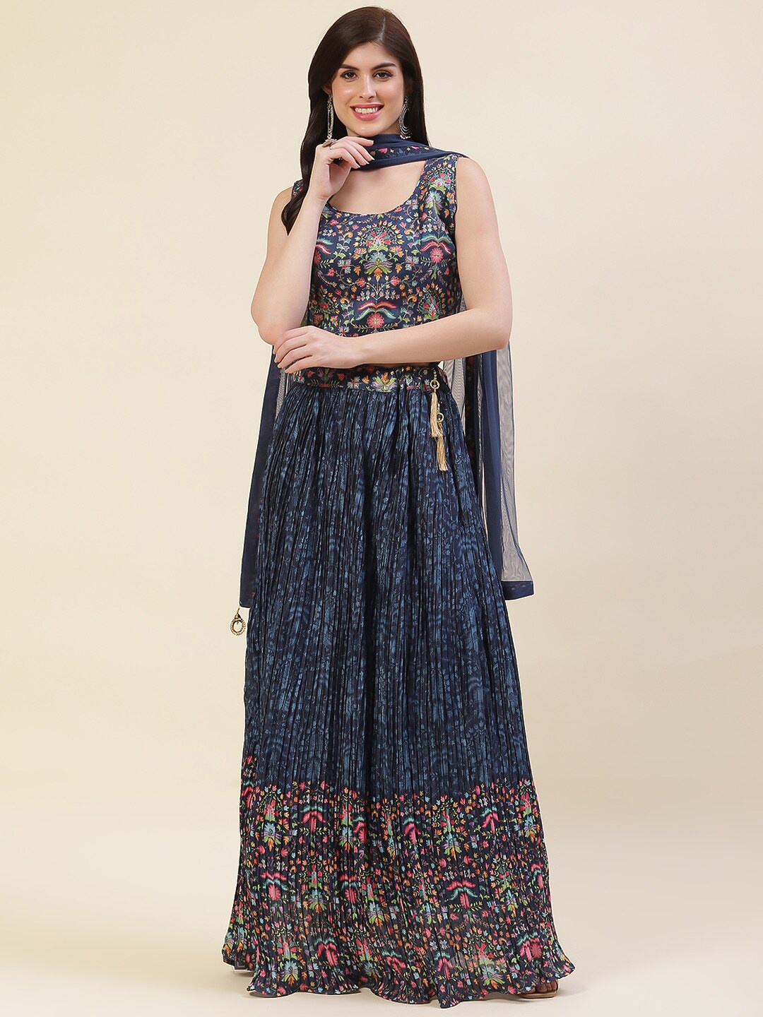 

Meena Bazaar Printed Ready To Wear Lehenga & Blouse With Dupatta, Navy blue