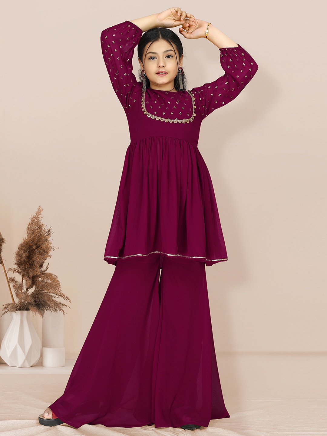 

FASHION DREAM Girls Yoke Design Kurta With Sharara, Burgundy