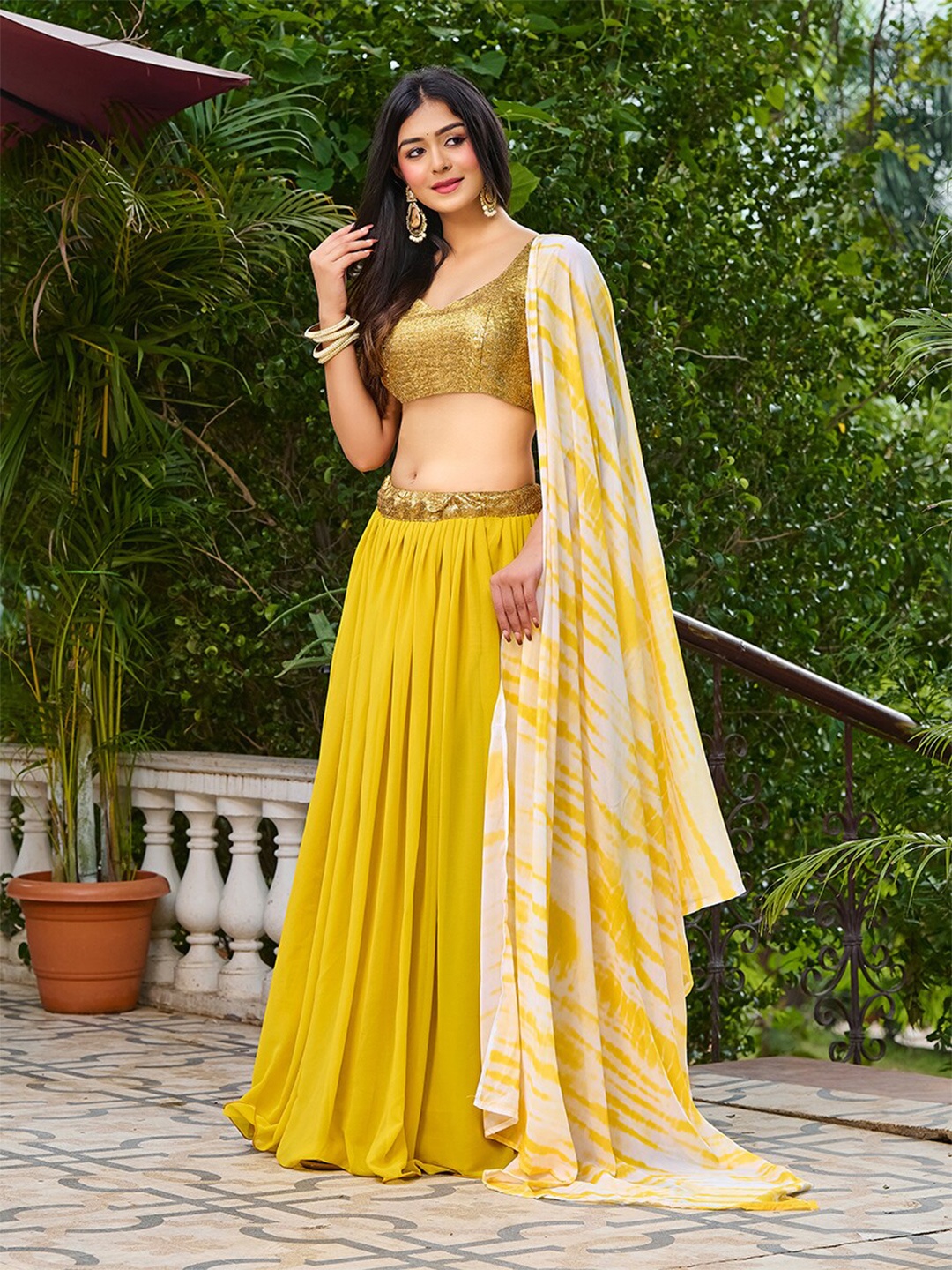 

SHOPGARB Embroidered Sequinned Semi Stitched Lehenga & Unstitched Blouse With Dupatta, Yellow