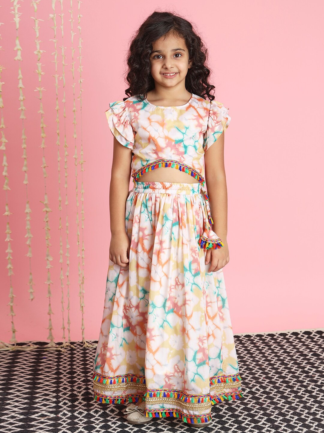 Readiprint Girls Tie and Dye Flutter Sleeves Ready to Wear Lehenga & Blouse, White