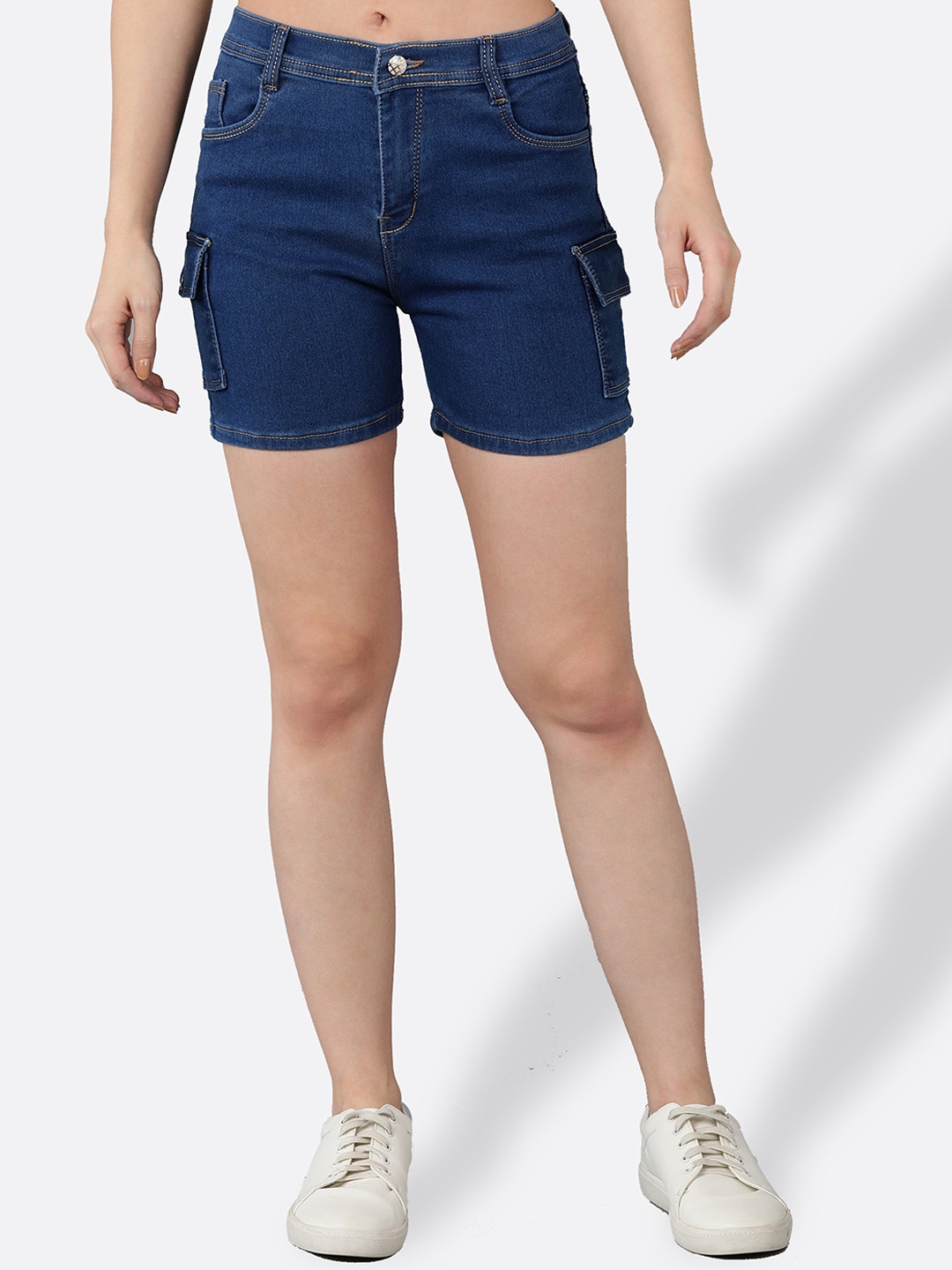 Apraa & Parma Women Mid Rise Cotton Denim Shorts, Blue