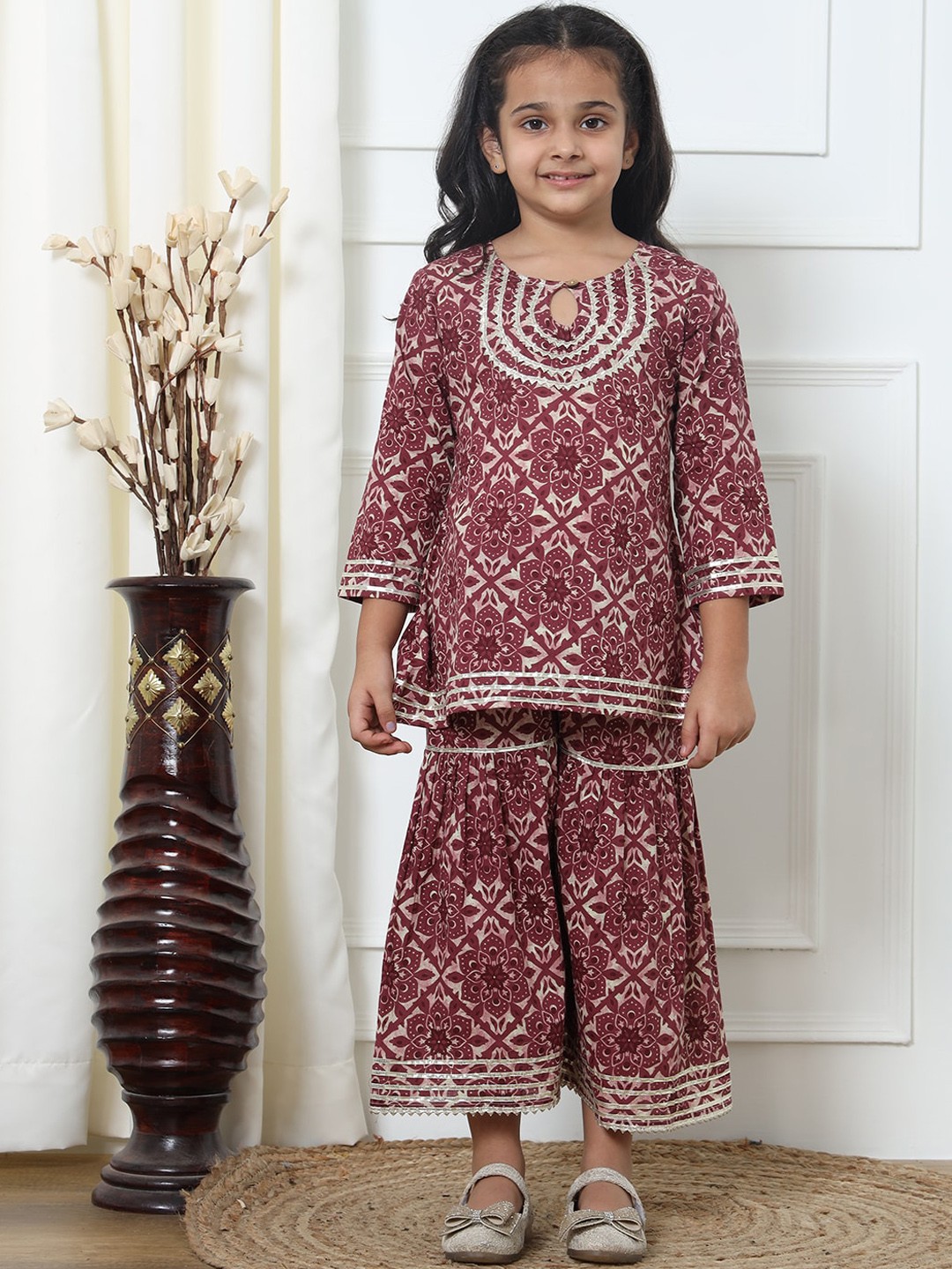 

Readiprint Girls Floral Printed Gotta Patti Pure Cotton Kurti With Sharara, Burgundy