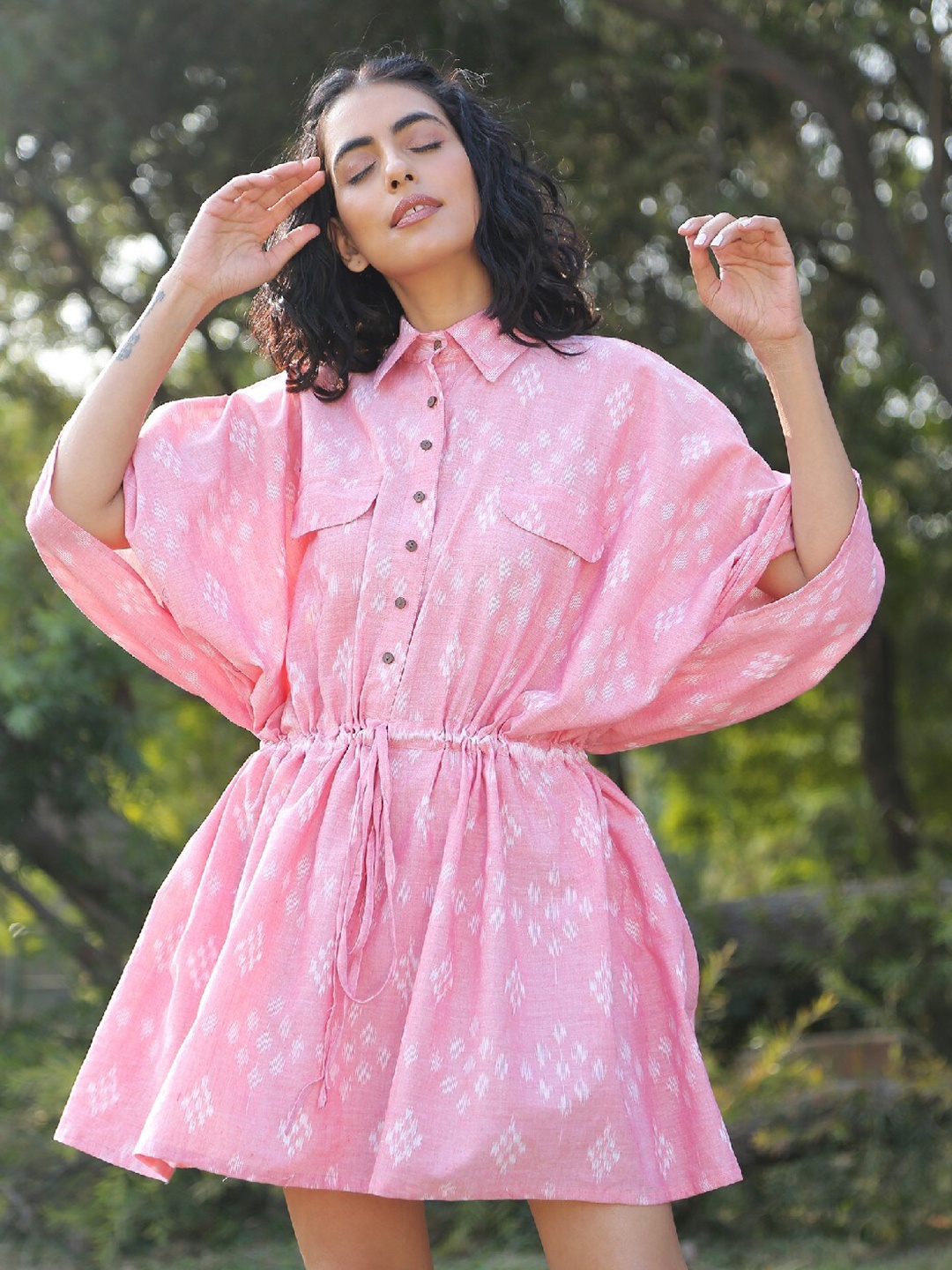 

OKHAI Ikat Printed Tie-Ups Cotton Fit & Flare Dress, Pink