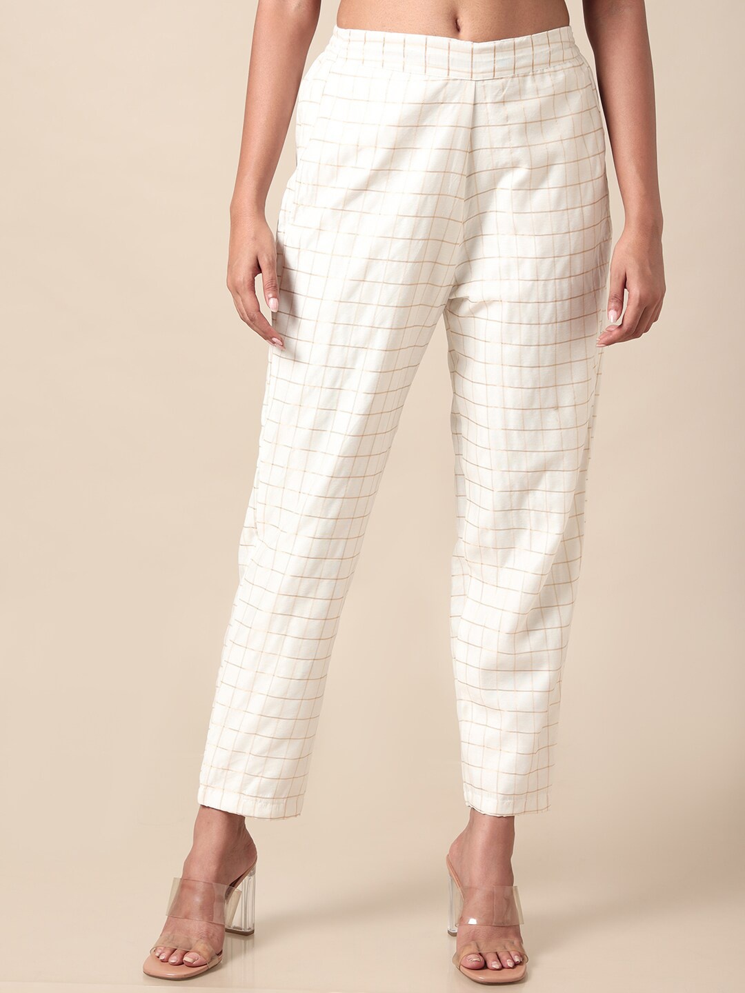

Saaki Women Tailored Straight Fit Checked Peg Trousers, Off white