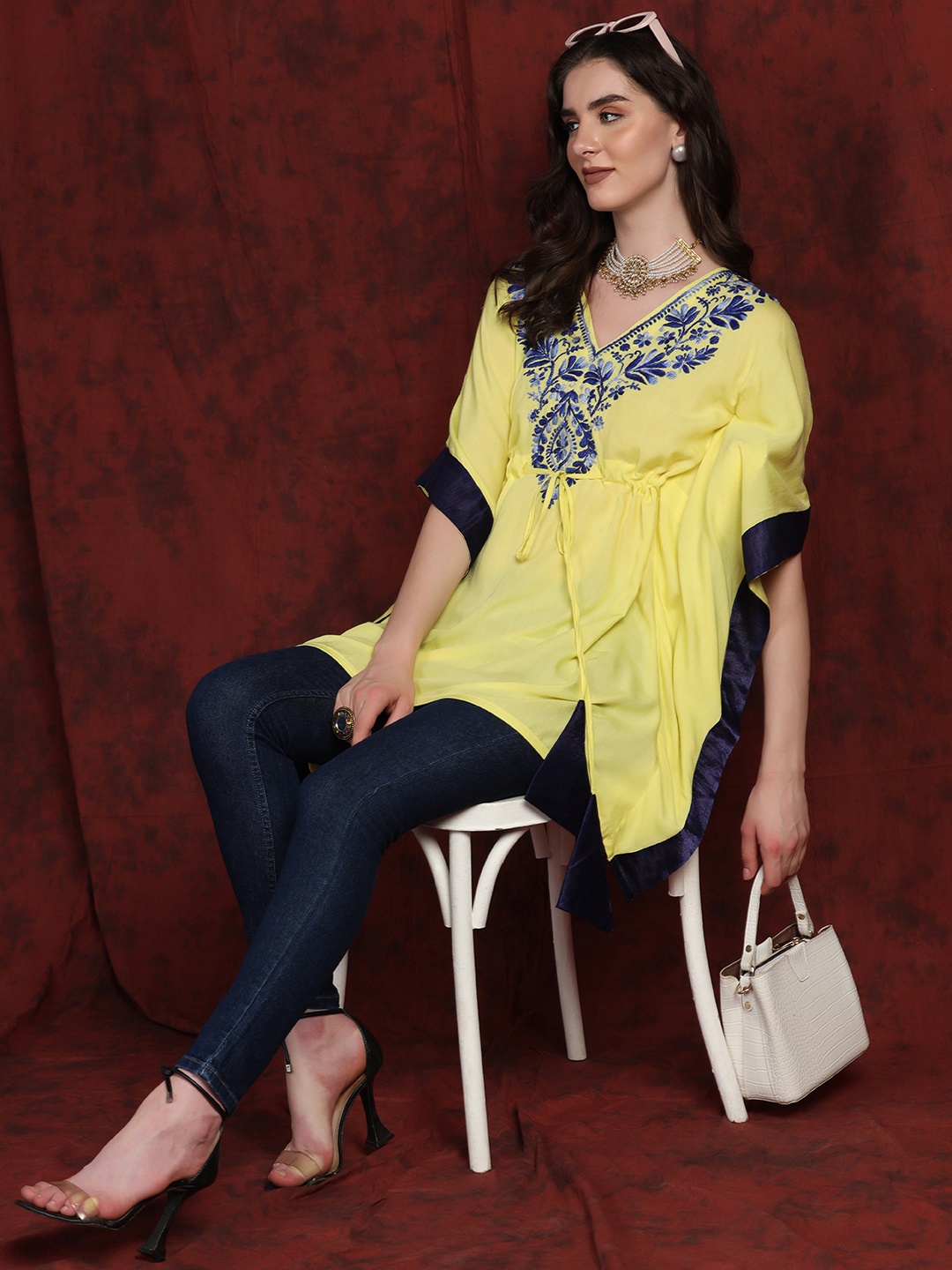 

SHADES Floral Chikankari Thread Work Pure Cotton Thread Work Empire Kaftan Kurti, Yellow