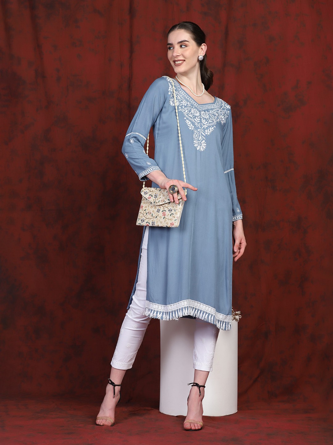 

SHADES Women Ethnic Motifs Yoke Design Cotton Chikankari Kurta, Blue