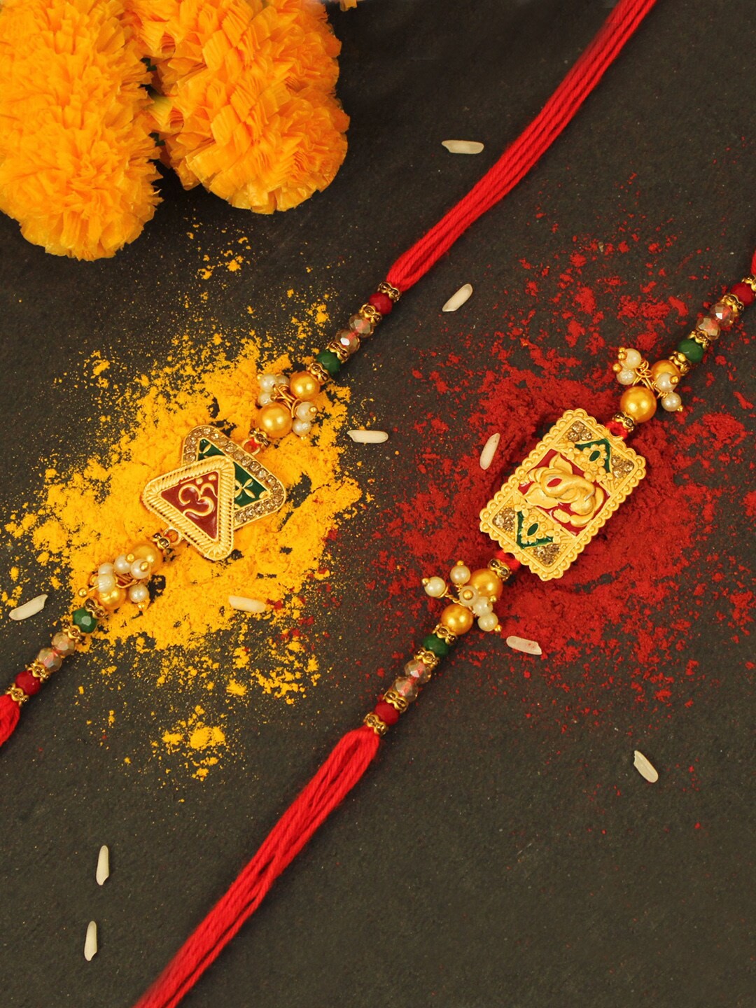 

TIED RIBBONS Set Of 2 Ganesha & Om Charm Rakhi, Red