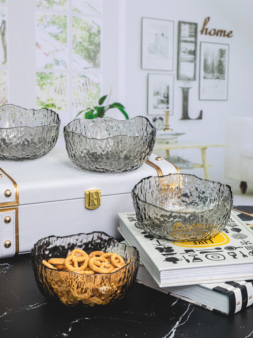 

GOODHOMES 4 Pieces Transparent Textured Dishwasher & Microwave Safe Glass Bowls 360 ml