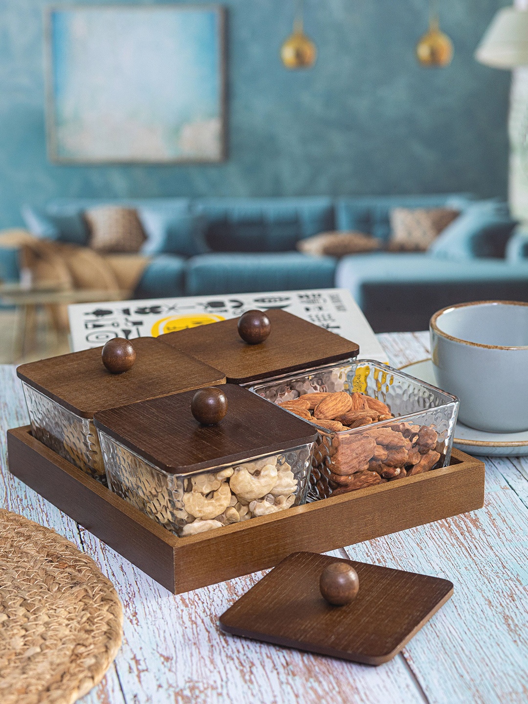 

GOODHOMES Transparent 9 Pieces Glass Bowl with Wooden Lid & Tray