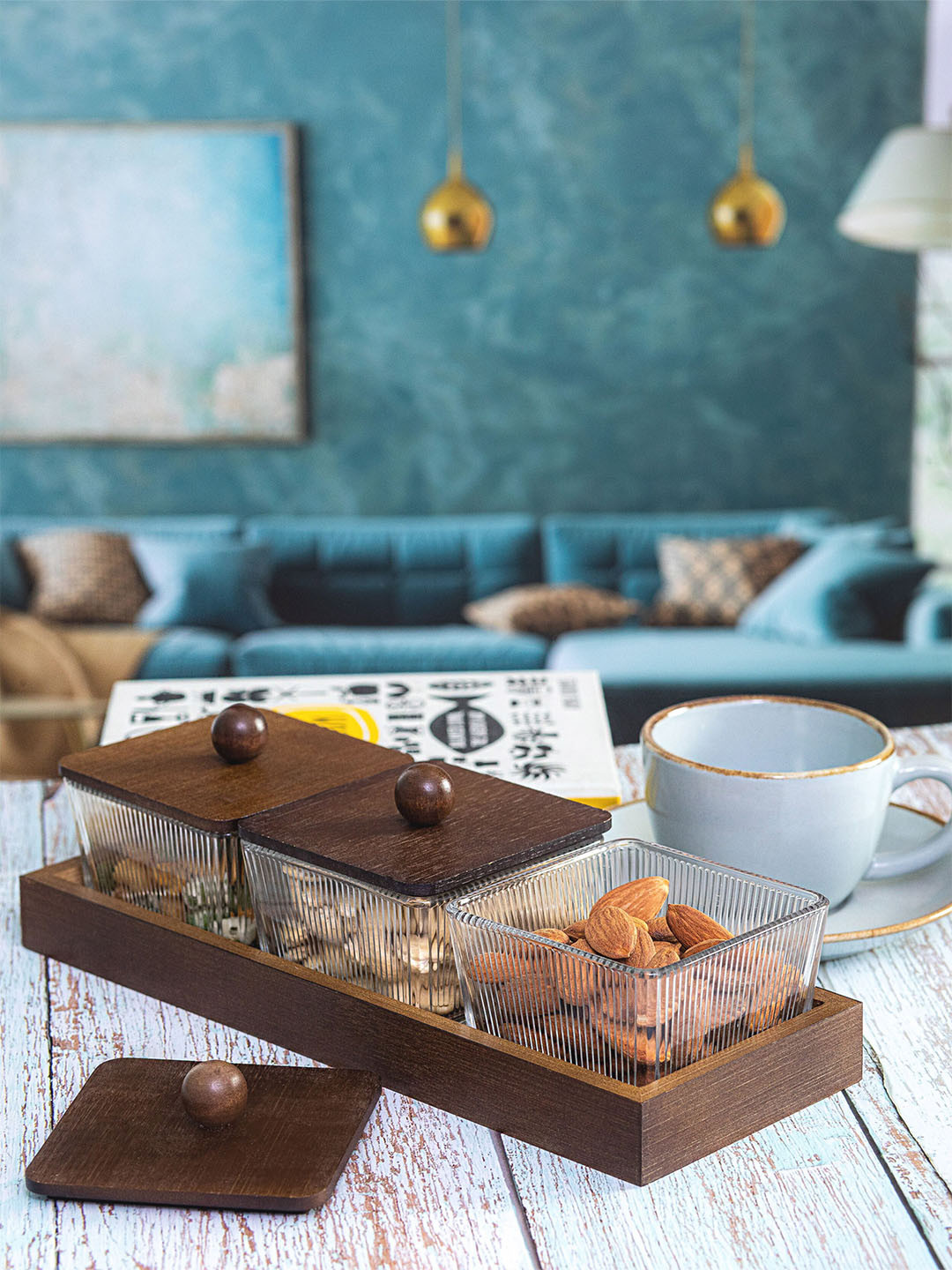 

GOODHOMES 7 Pieces Transperent Glass Bowl With Wooden Lid & Tray Set, Transparent