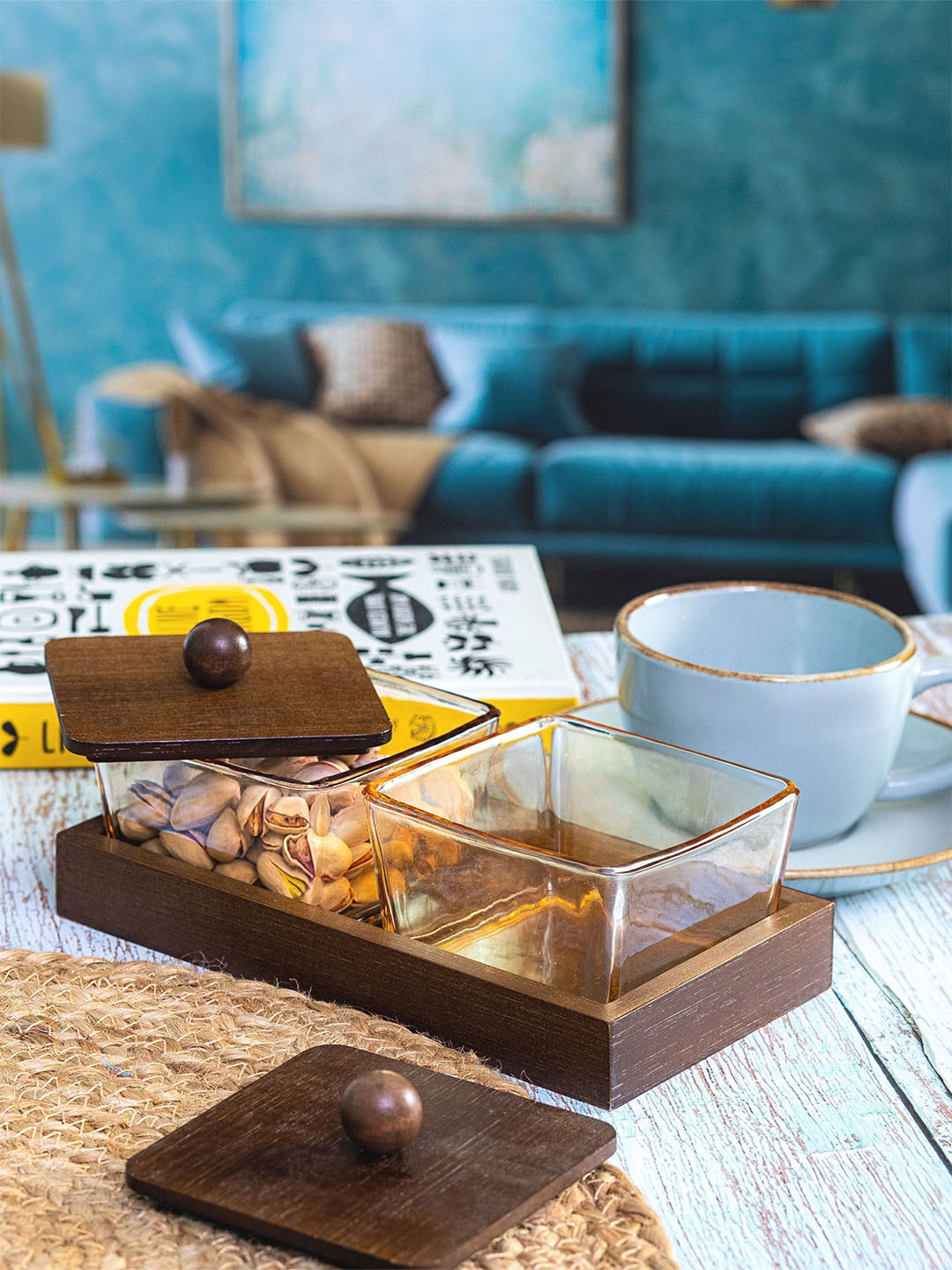 

GOODHOMES 5 Pieces Transparent Glass Bowls With Wooden Lid & Tray