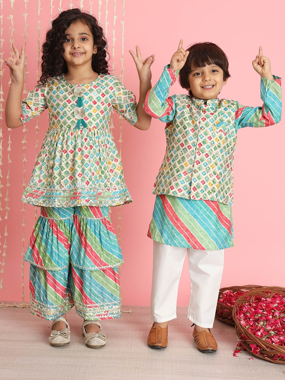 

Readiprint Girls Ethnic Motifs Printed Gotta Patti Cotton Kurti With Sharara, Green