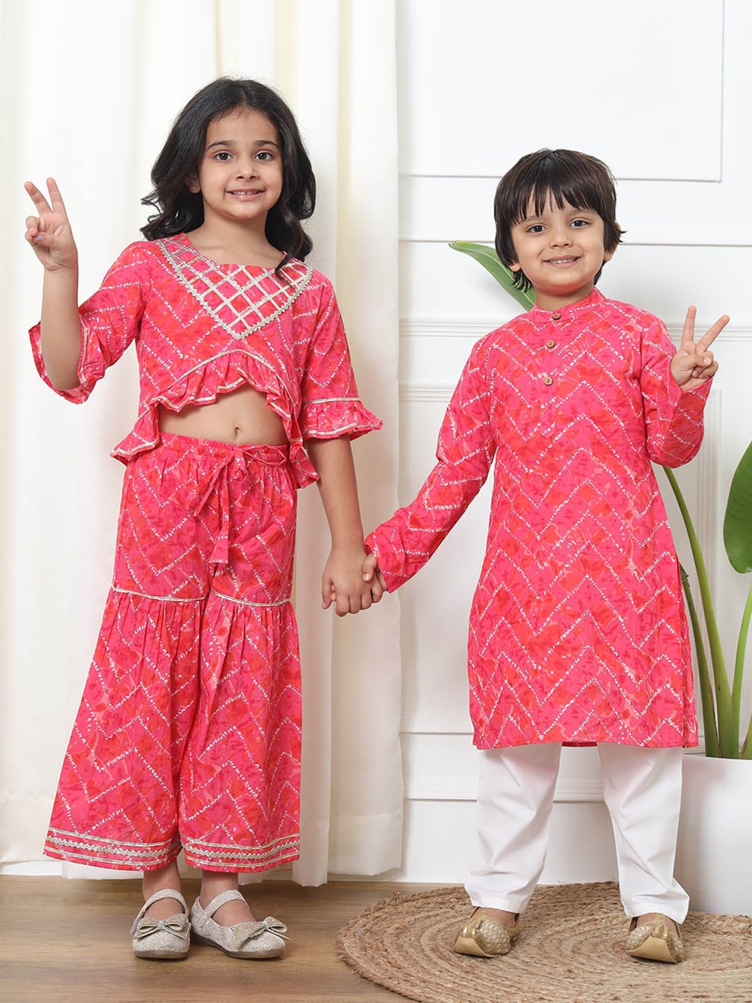 

Readiprint Chevron Band Collar Pure Cotton Kurta Set, Pink