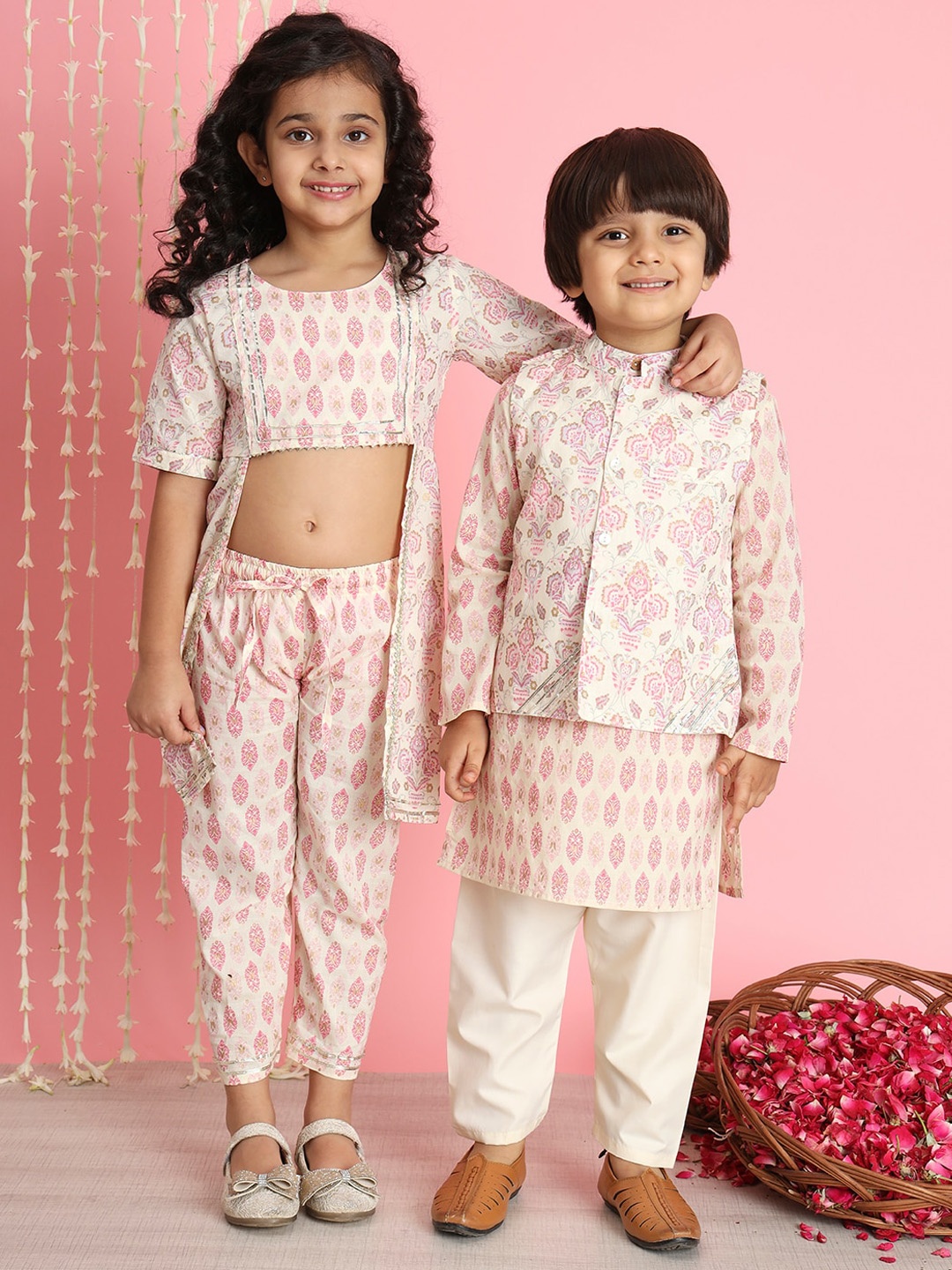 

Readiprint Boys Floral Printed Gotta Patti Kurta Set With Nehru Jacket, Pink
