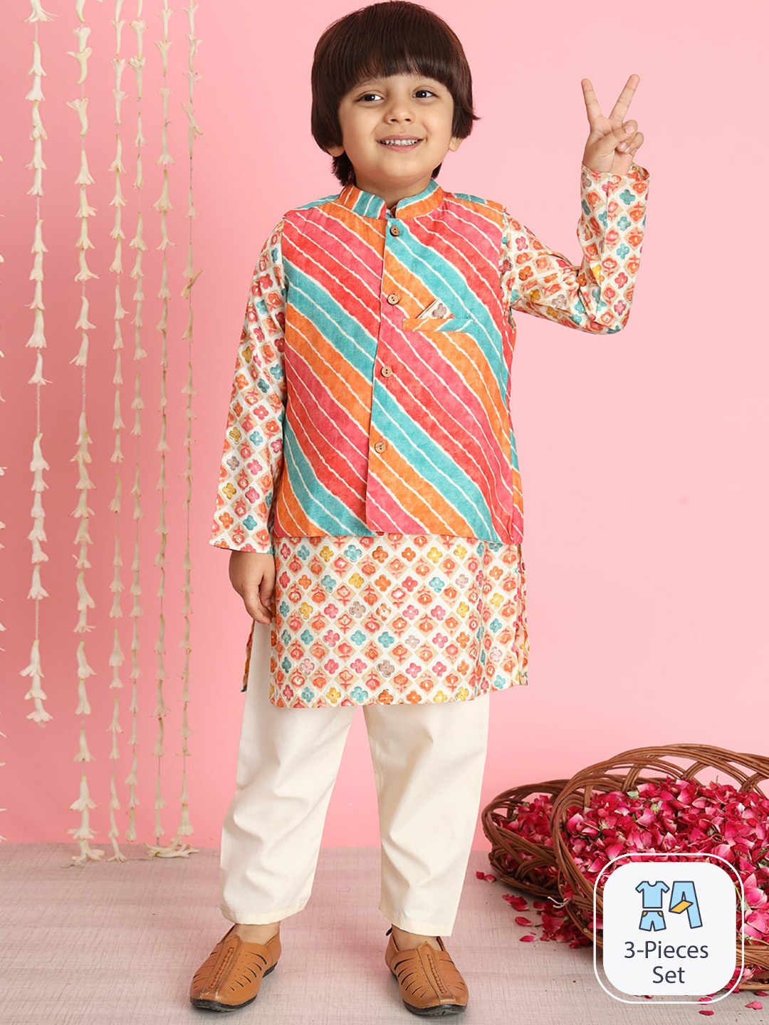 

Readiprint Boys Floral Printed Band Collar Pure Silk Kurta Set With Jacket, Orange