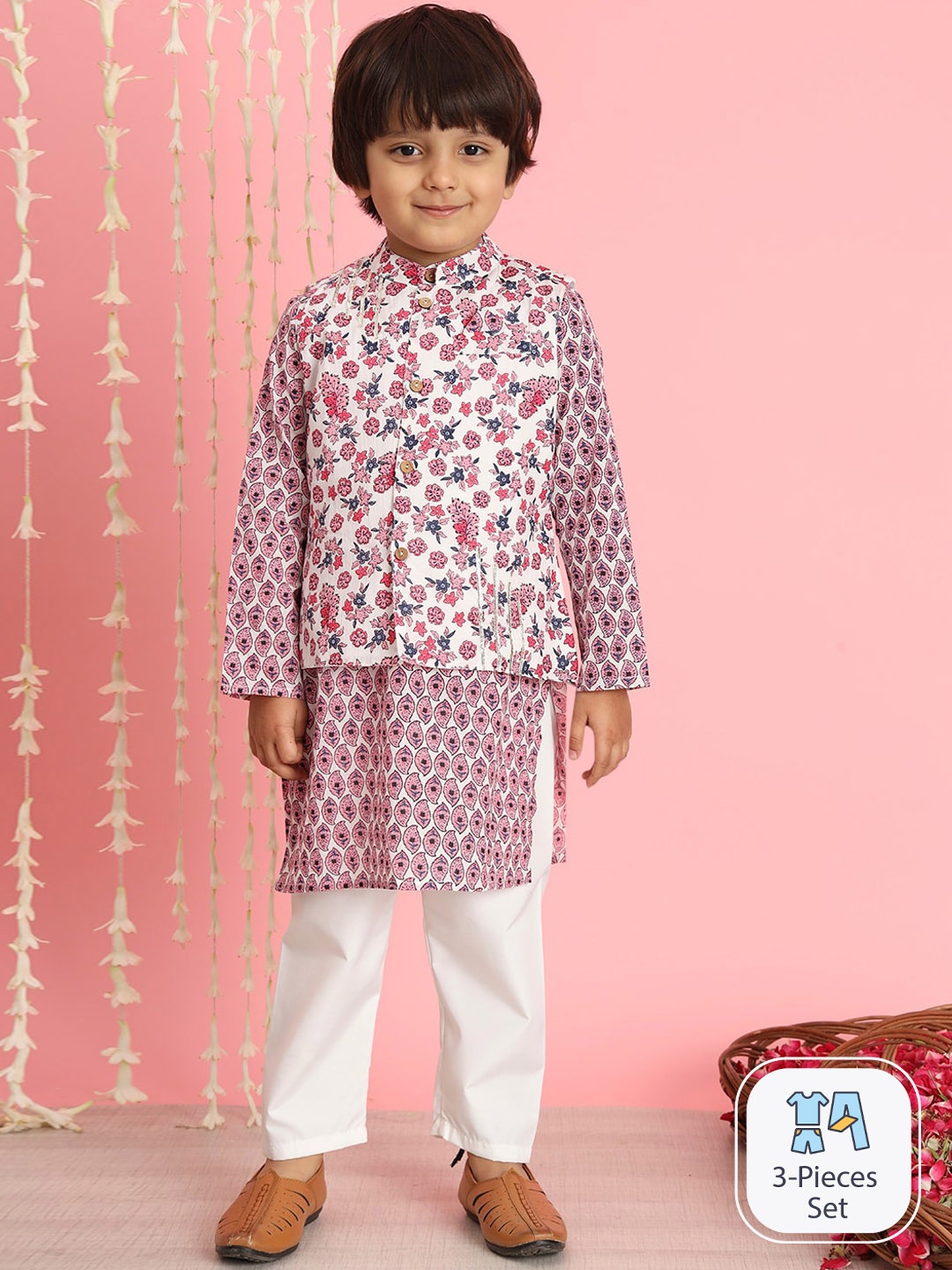 

Readiprint Fashions Boys Floral Printed Pure Cotton Kurta With Pyjamas & Nehru Jacket, Pink