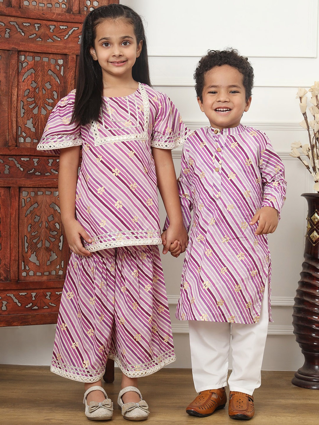 

Readiprint Girls Printed Mirror Work Pure Cotton Kurti With Sharara, Purple