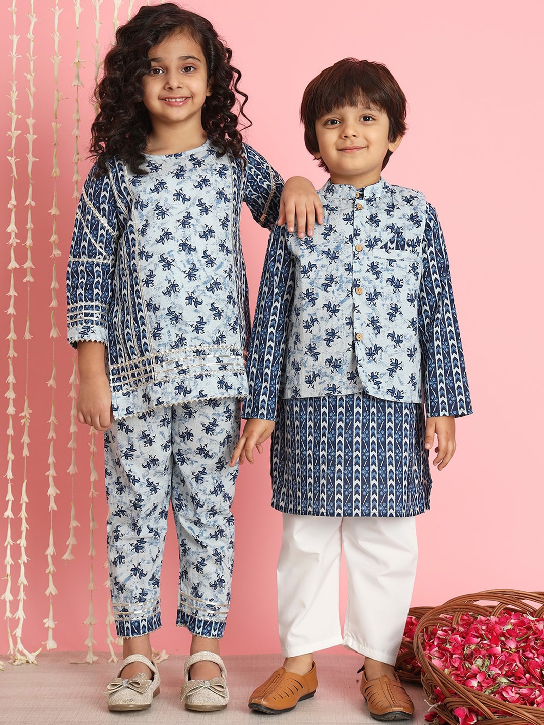 

Readiprint Fashions Boys Ethnic Motifs Printed Pure Cotton Kurta Set With Nehru Jacket, Blue