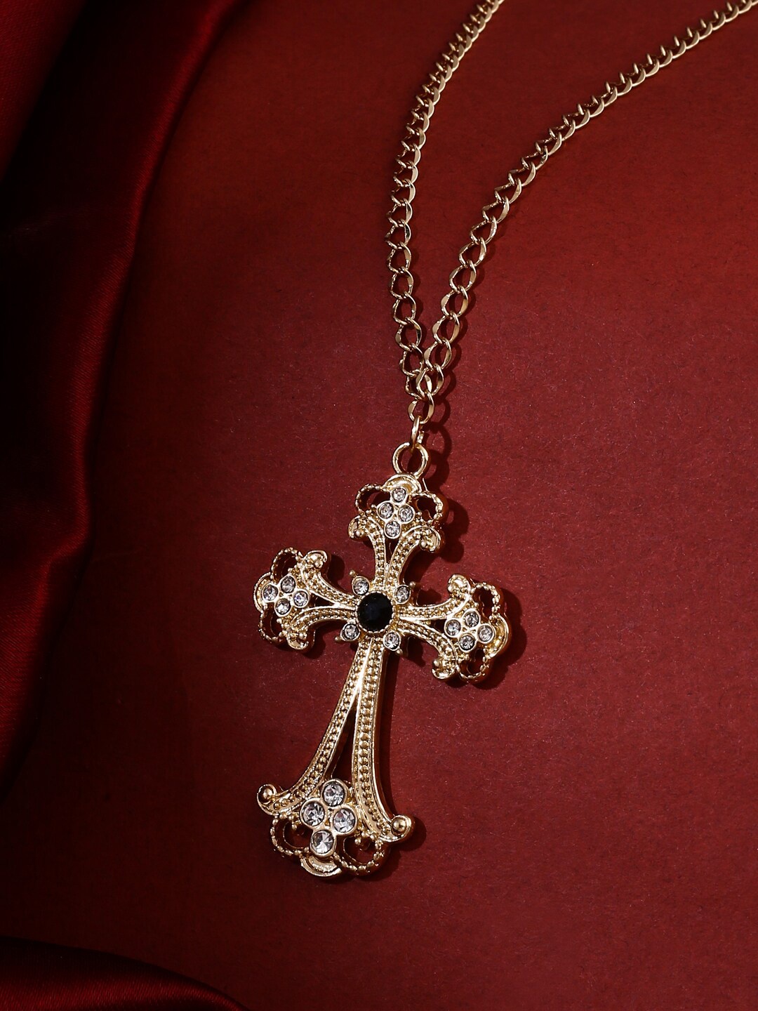 

VIRAASI Gold-Plated Black Stone Studded Jesus Cross Pendant with Chain Necklace