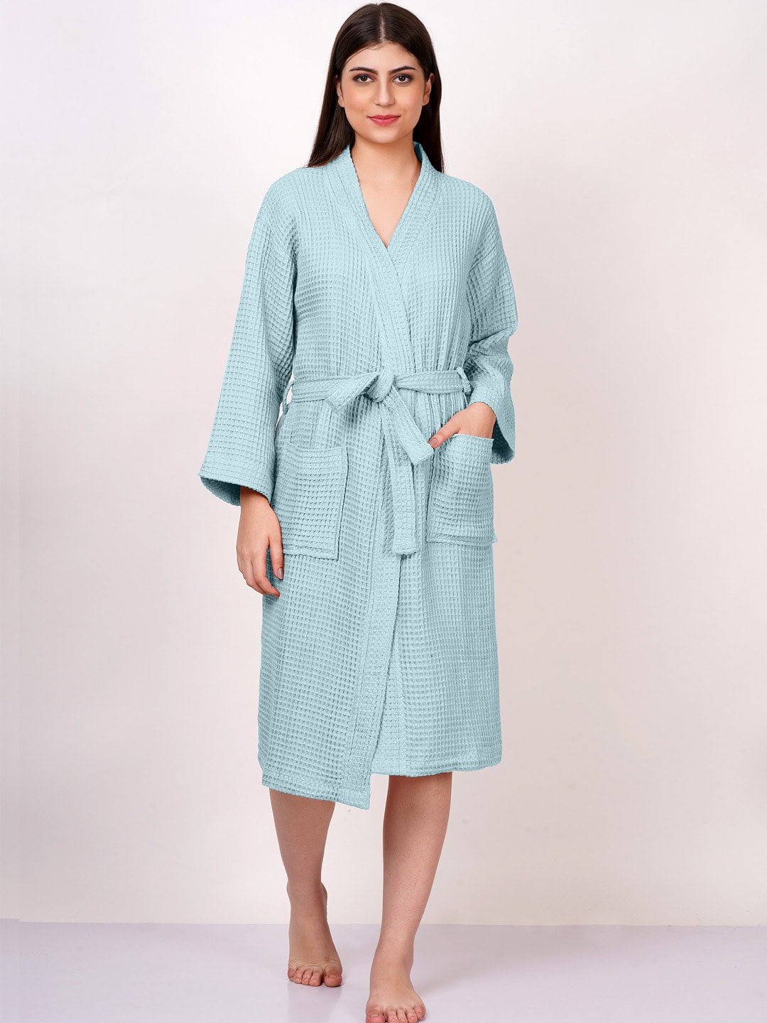 

AVI Living Waffle Textured Pure Cotton Quick-Dry Bath Robe, Blue