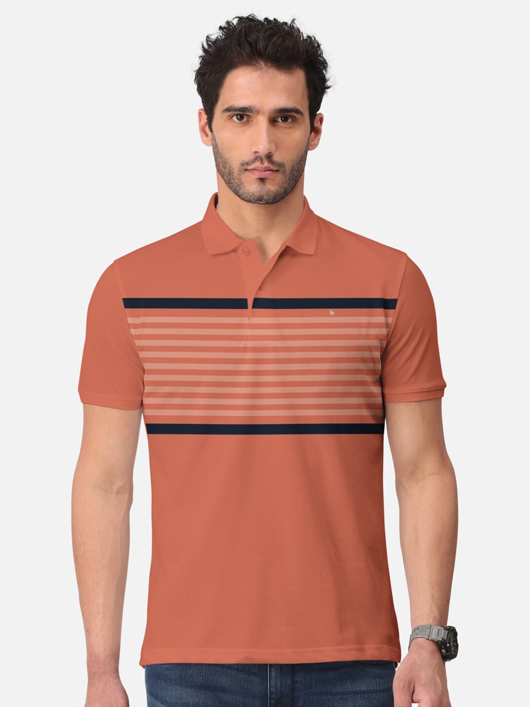 

BULLMER Striped Polo Collar Pure Cotton T-shirt, Orange