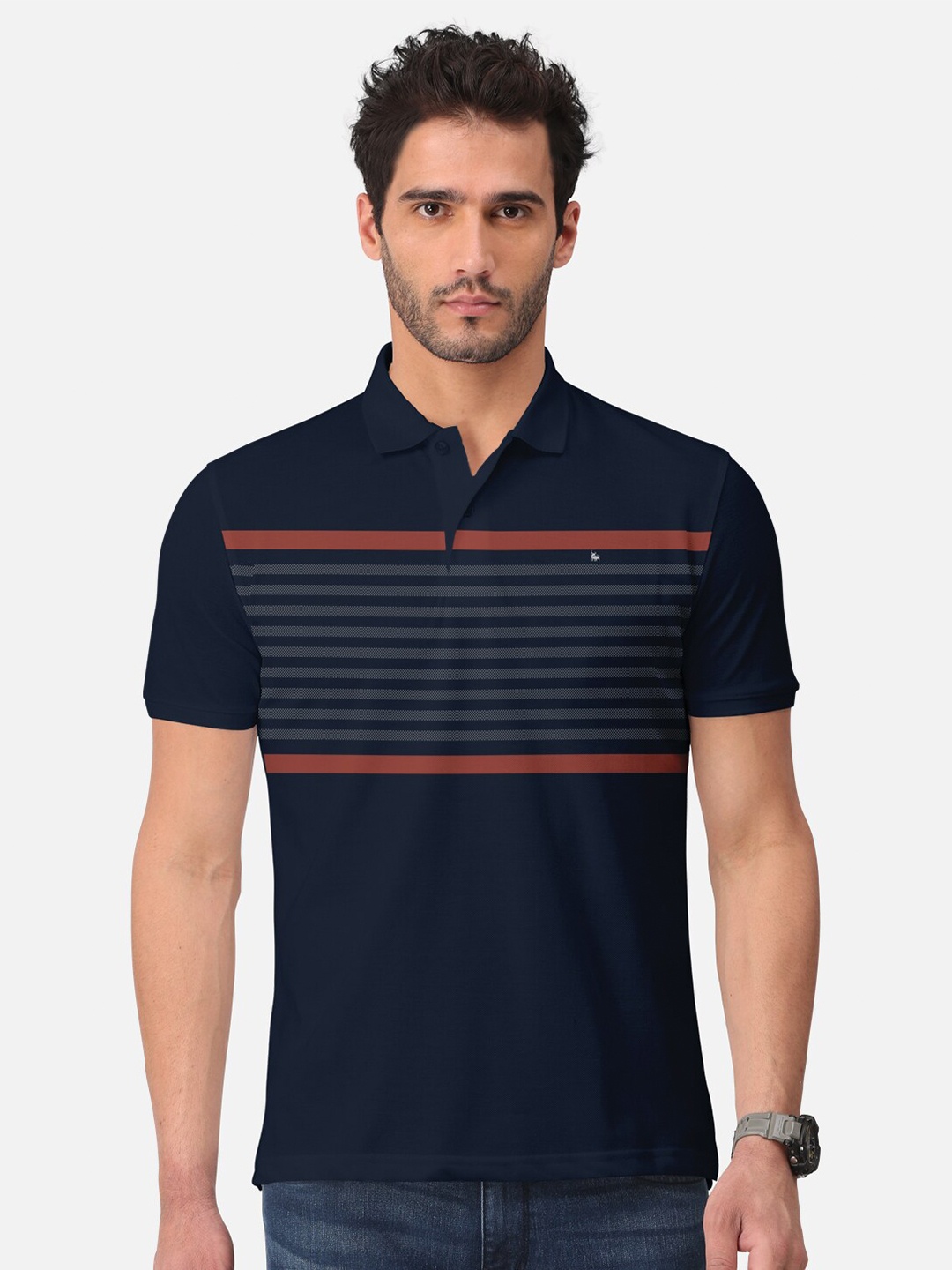 

BULLMER Striped Polo Collar Cotton T-shirt, Navy blue
