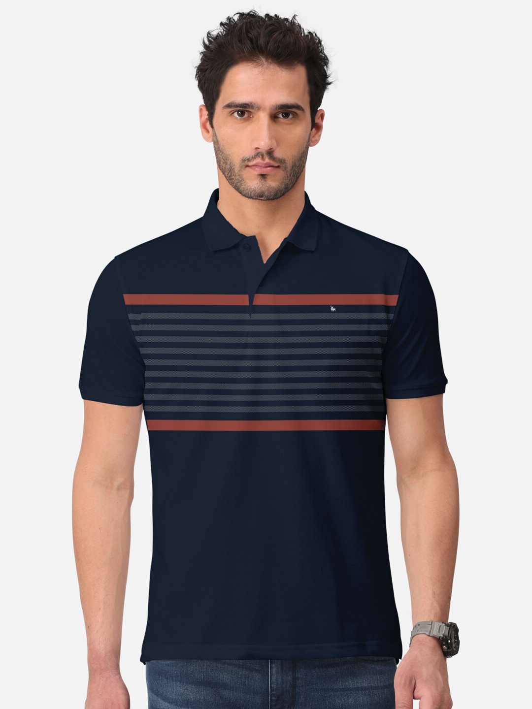 

BULLMER Striped Polo Collar Cotton T-shirt, Navy blue