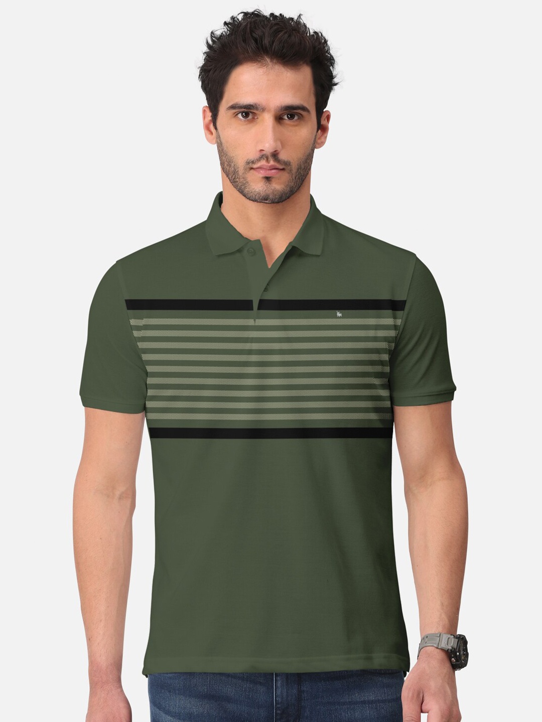 

BULLMER Striped Polo Collar Cotton T-shirt, Olive