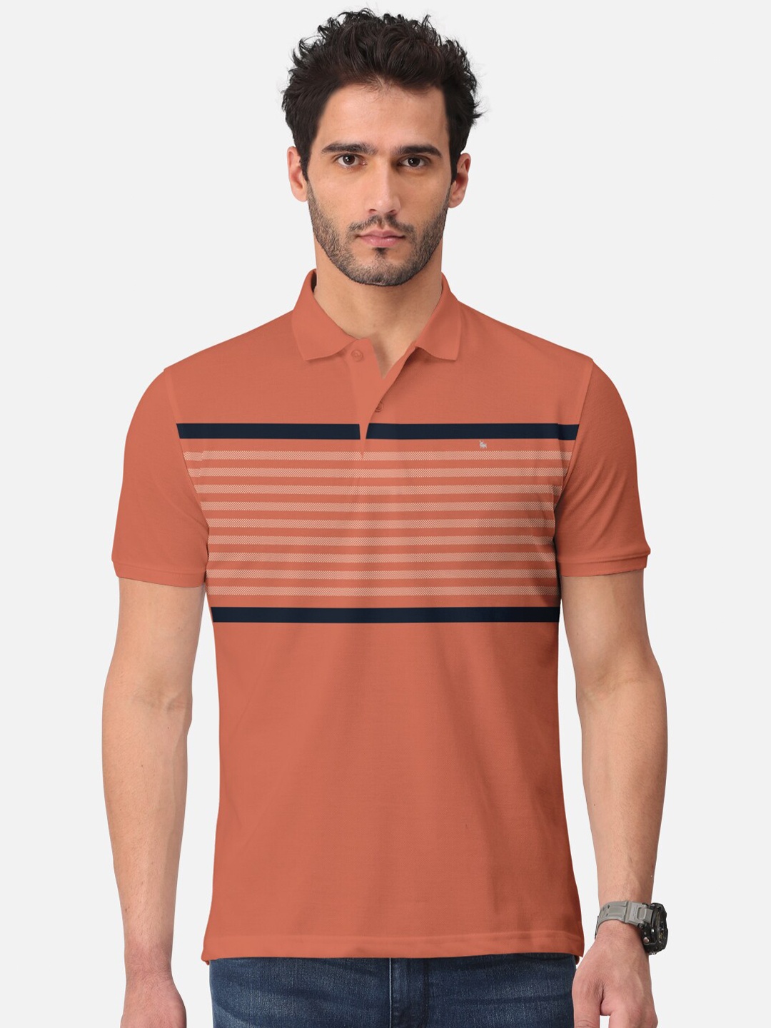 

BULLMER Striped Polo Collar Cotton T-shirt, Orange