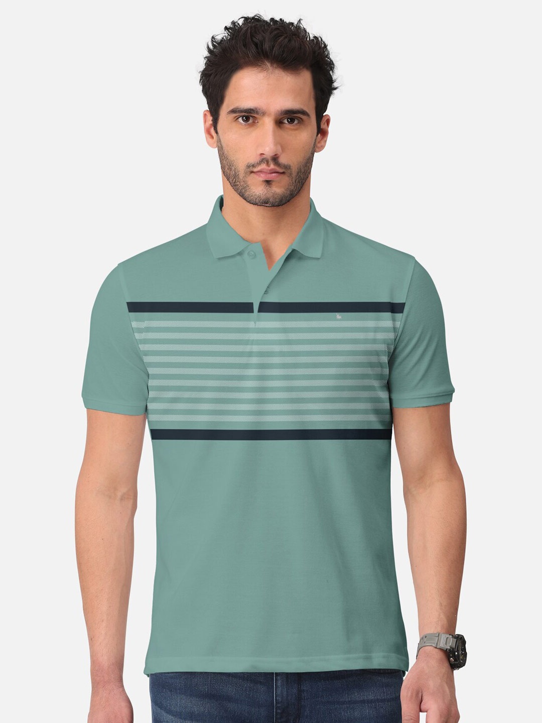 

BULLMER Striped Polo Collar Cotton T-shirt, Sea green