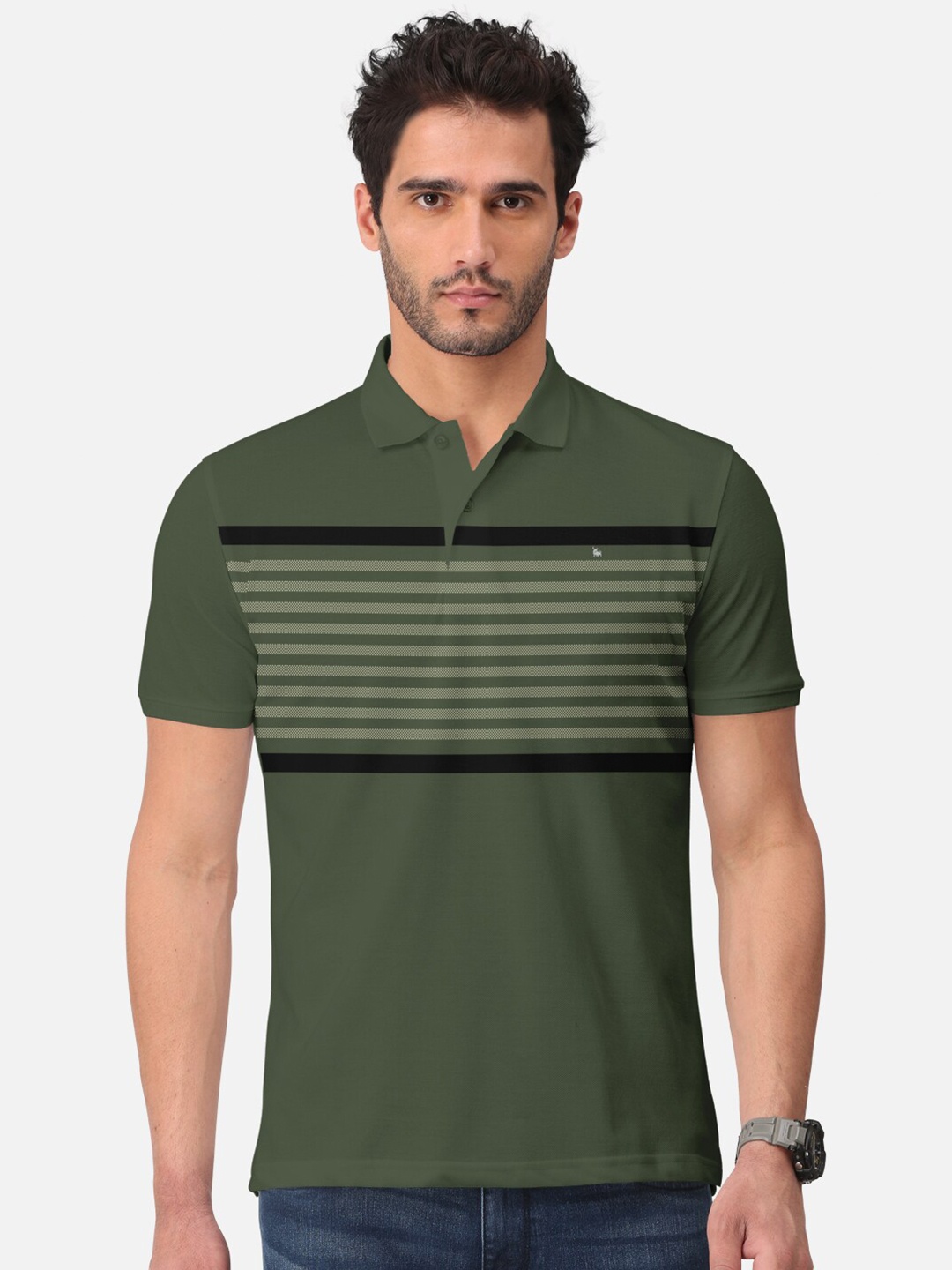 

BULLMER Striped Cotton Polo Collar T-shirt, Olive