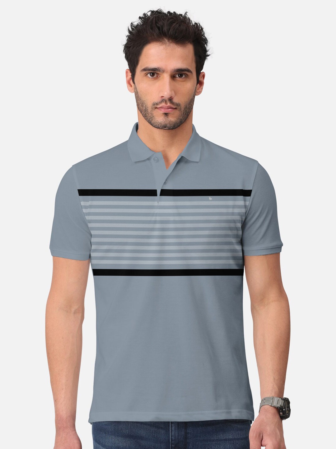

BULLMER Striped Polo Collar Cotton T-shirt, Grey