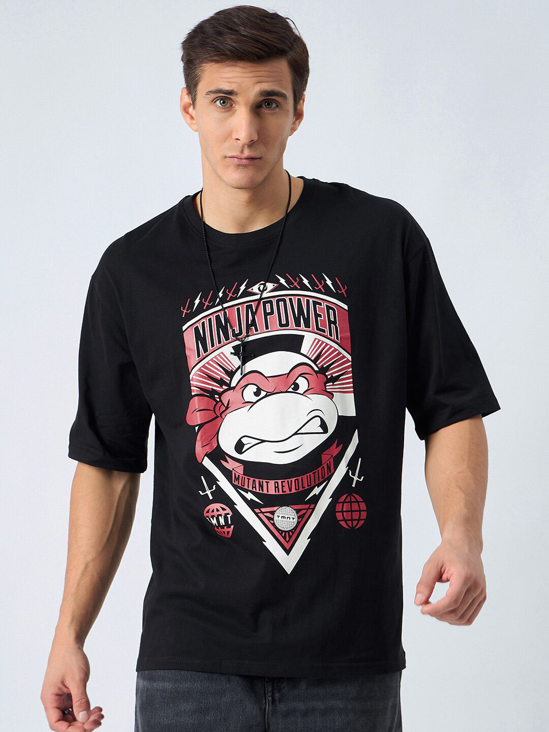 

COLOR CAPITAL Mutant Ninja Turtles Power Printed Round Neck Cotton Oversized T-shirt, Black