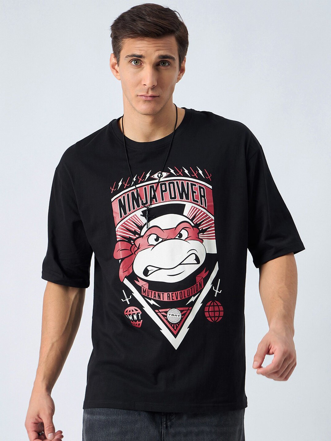 

COLOR CAPITAL Mutant Ninja Turtles Power Printed Round Neck Cotton Oversized T-shirt, Black