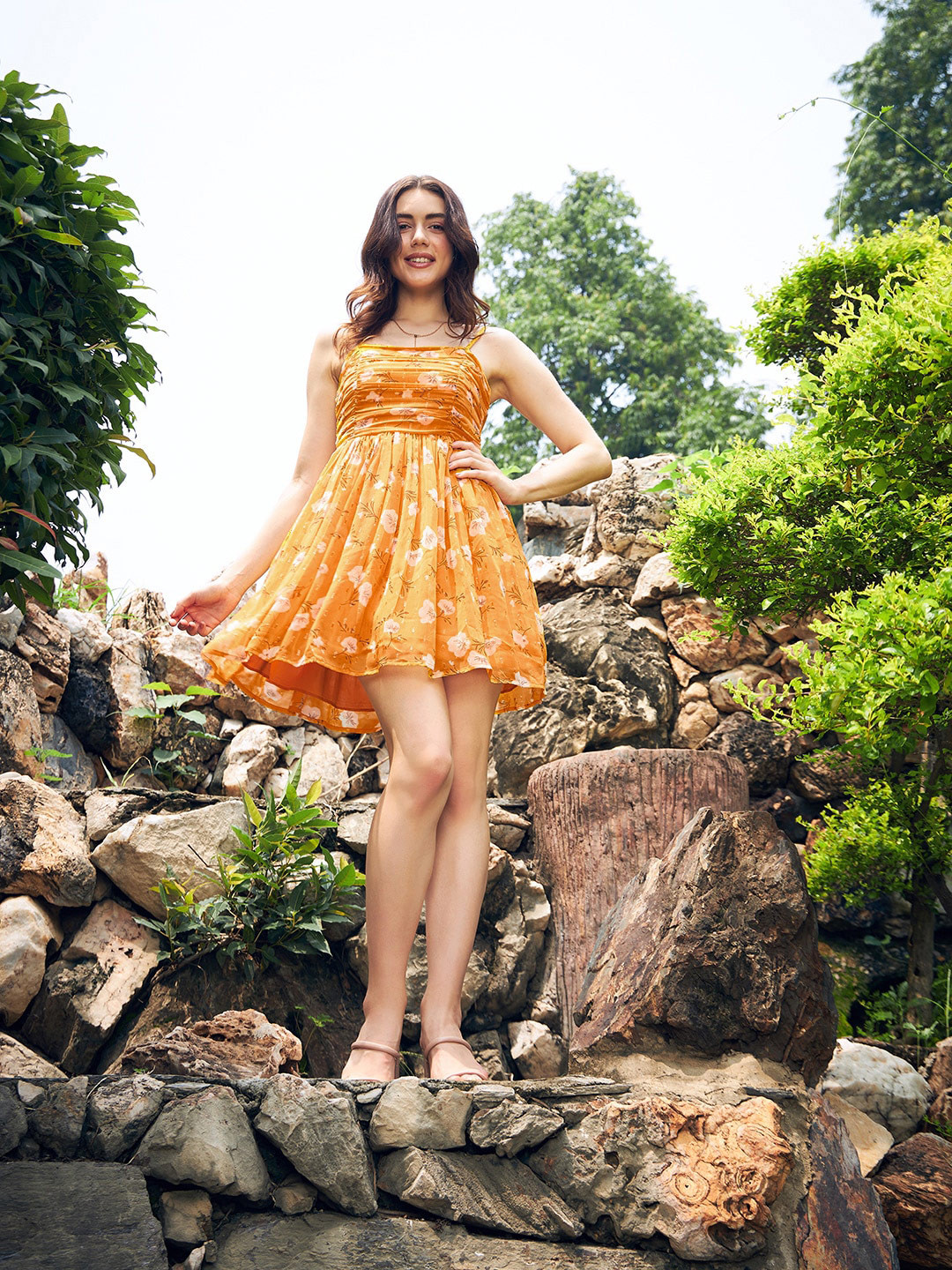 

KASSUALLY Yellow & Beige Floral Printed Gathered Or Pleated A Line Mini Dress