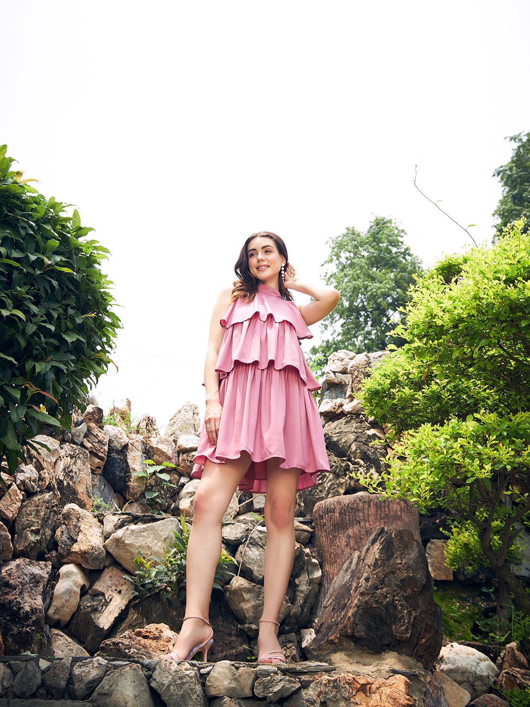 

KASSUALLY Pink Halter Neck Layered Tiered Dress